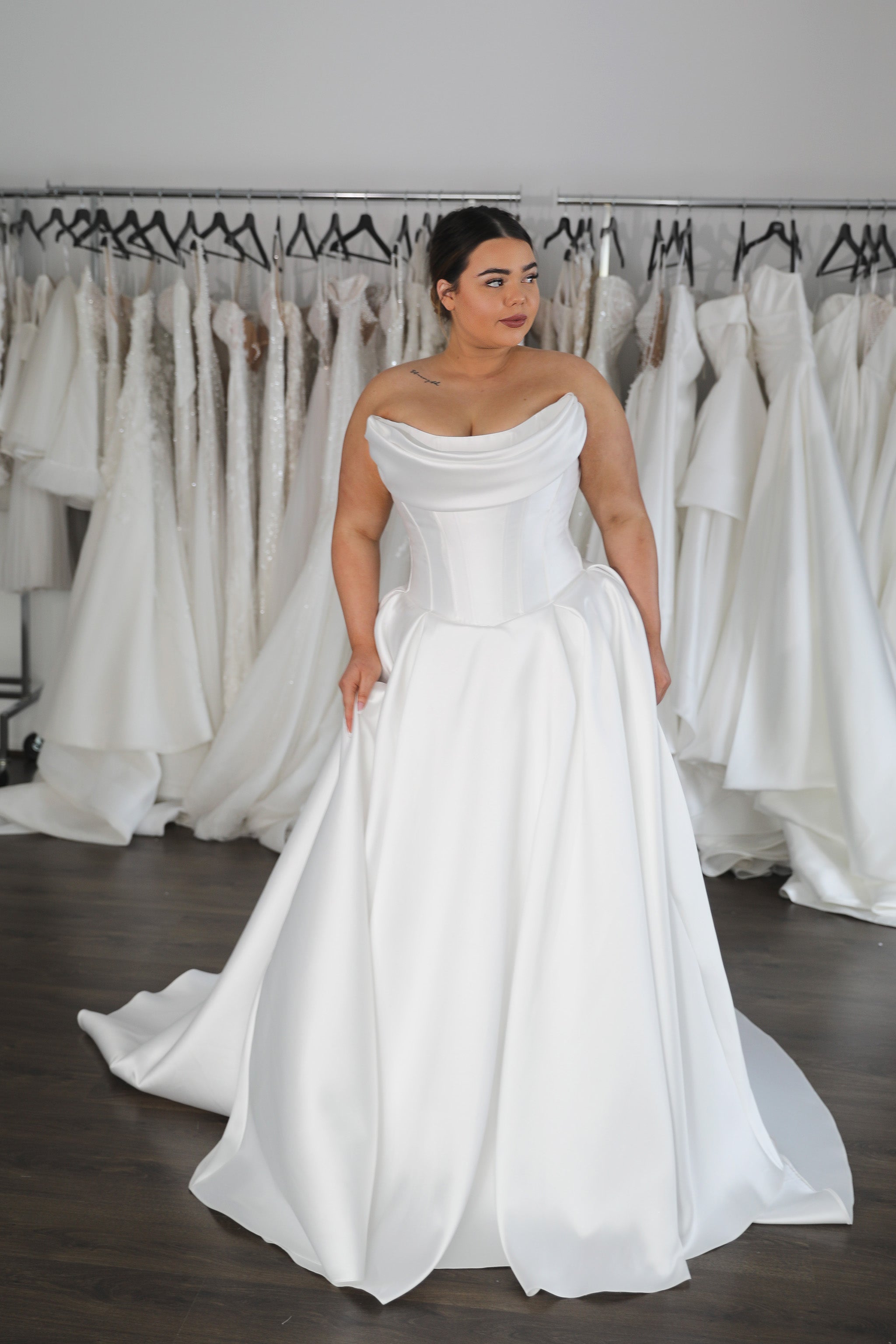 full skirt drop waist wedding dress with curved draped neckline