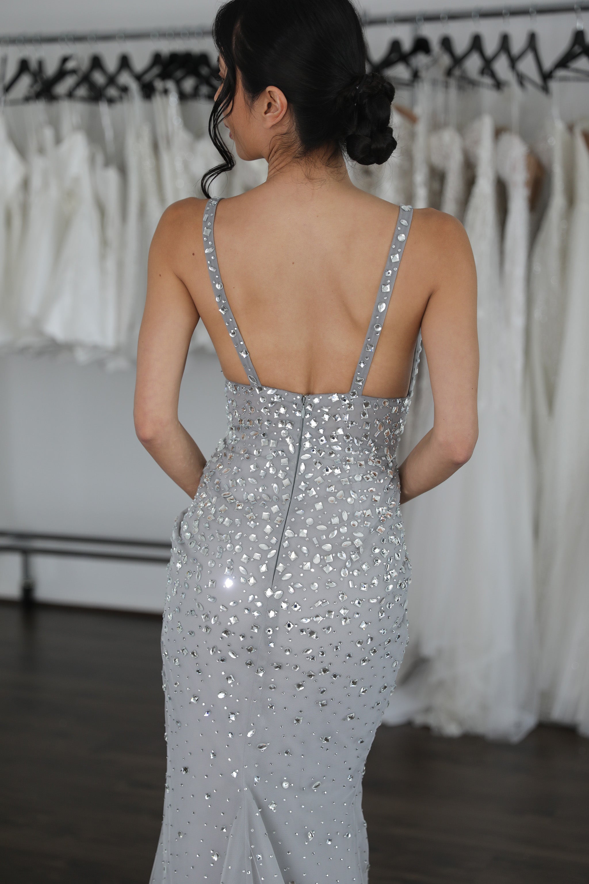 grey crystal embellished formal dress