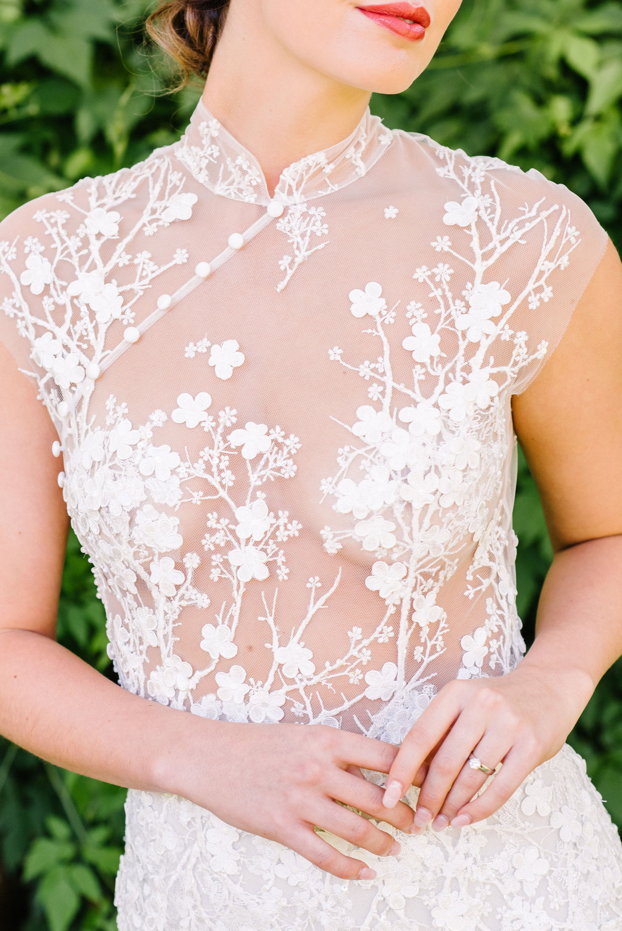 illusion lace top wedding dress with floral details