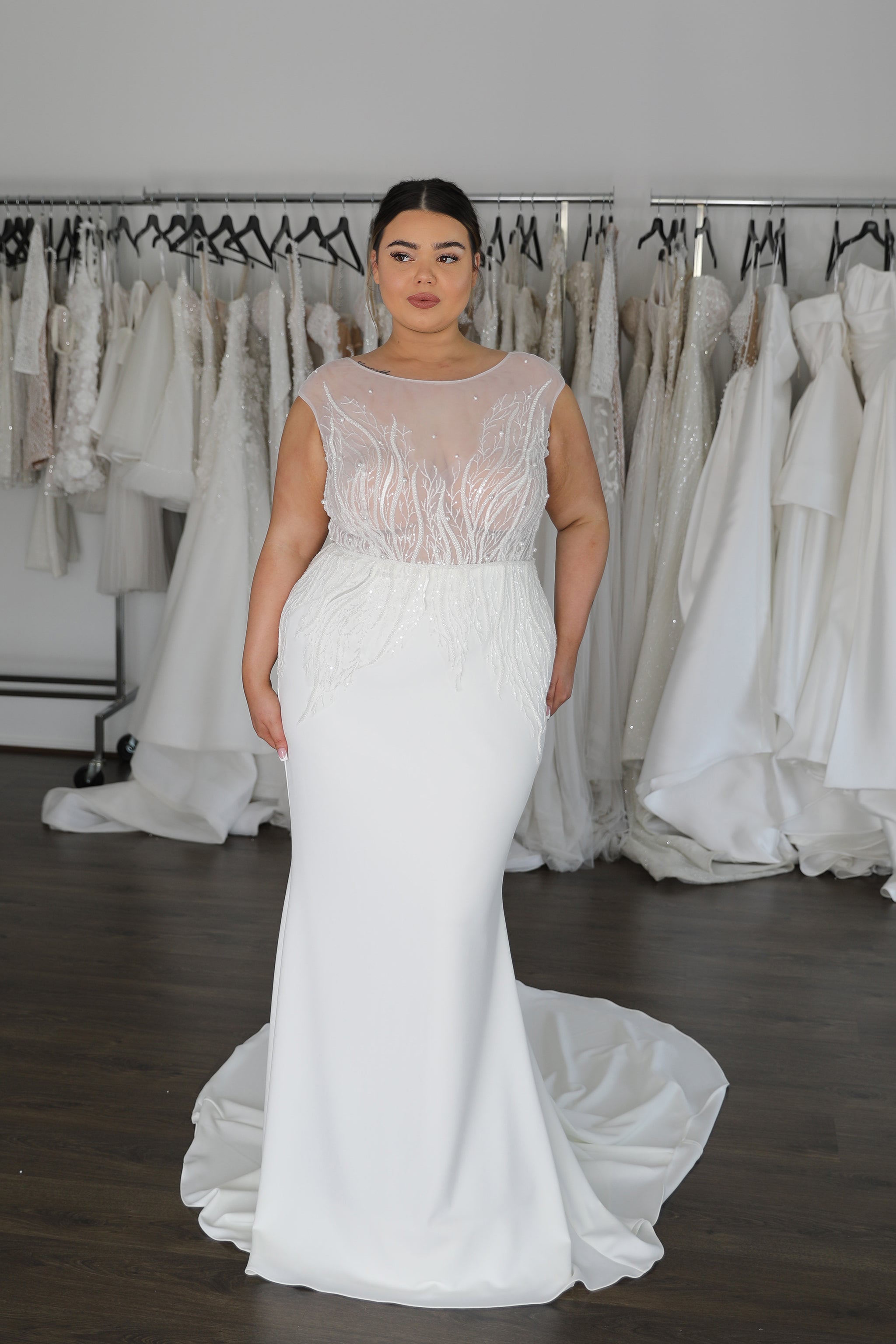 illusion top with lace vine appliqué and solid white skirt