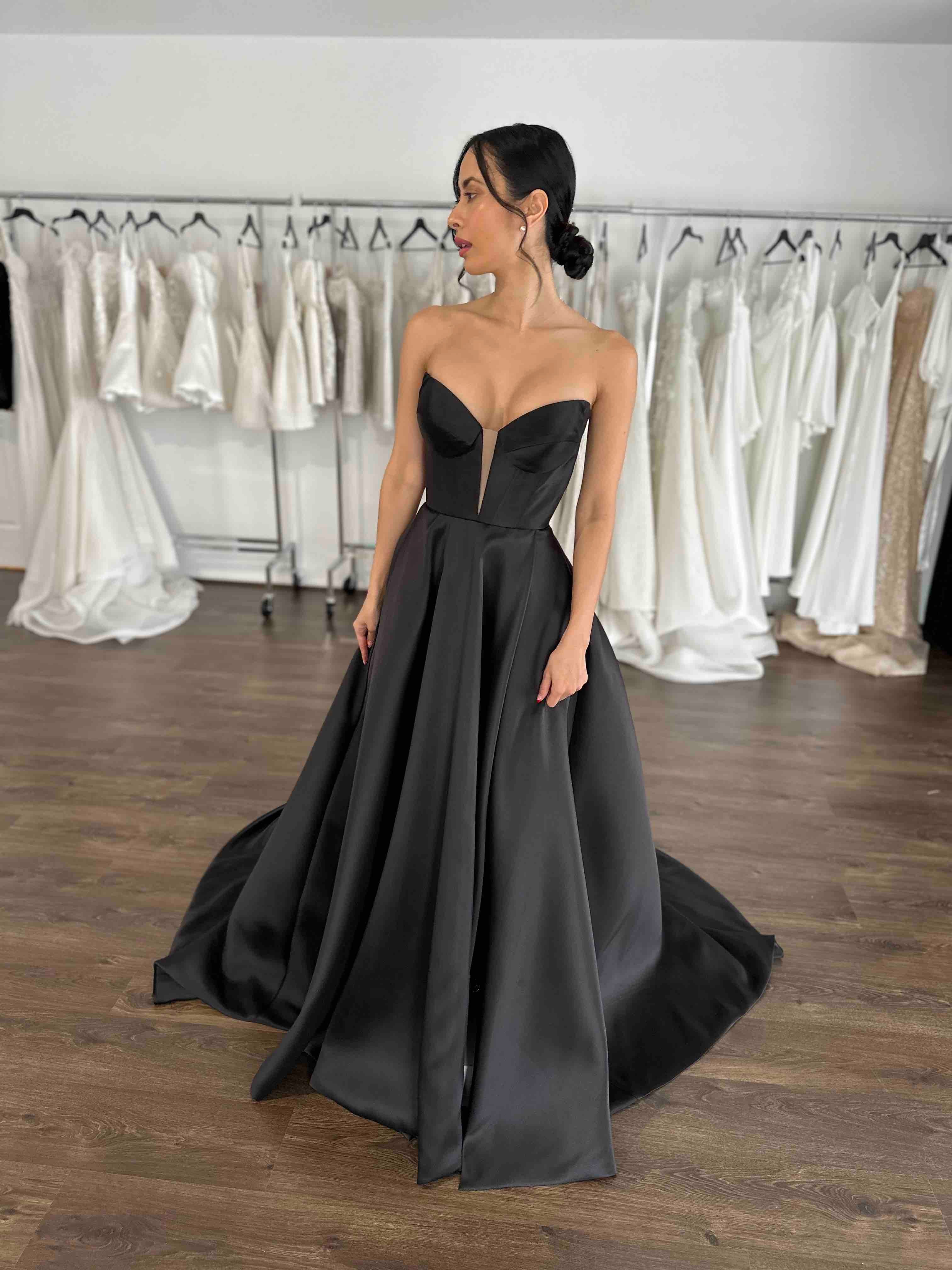 illusion v-neck evening gown on model