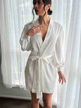 knee length bridal robe with waist band on woman