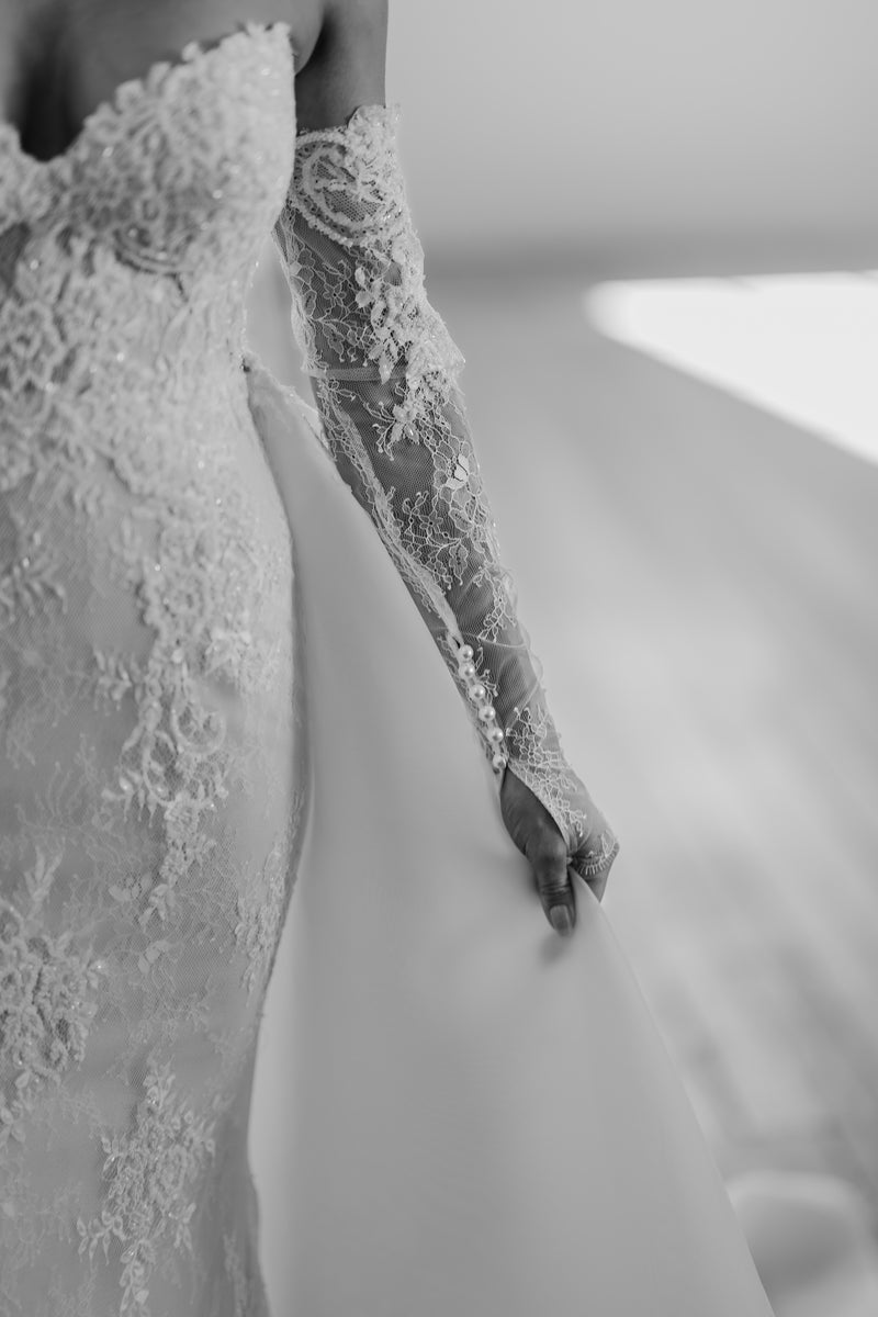 lace sleeve and bridal gown