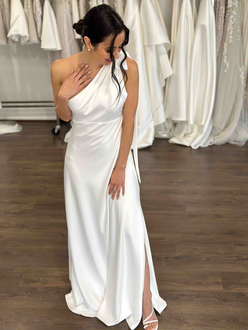 long flowing reception dress with split and one shoulder strap