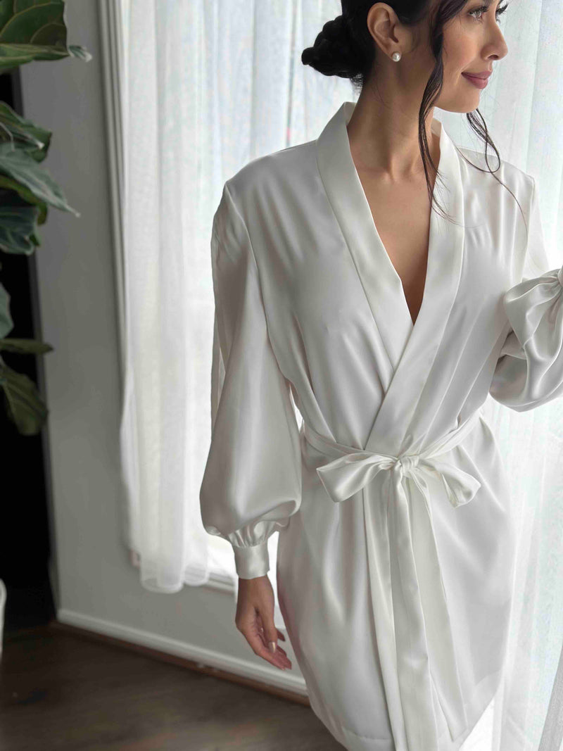 Ivory Robe Short Bridal Robe With Sleeves | Lauren Slit Sleeve Wedding Day Robe ...