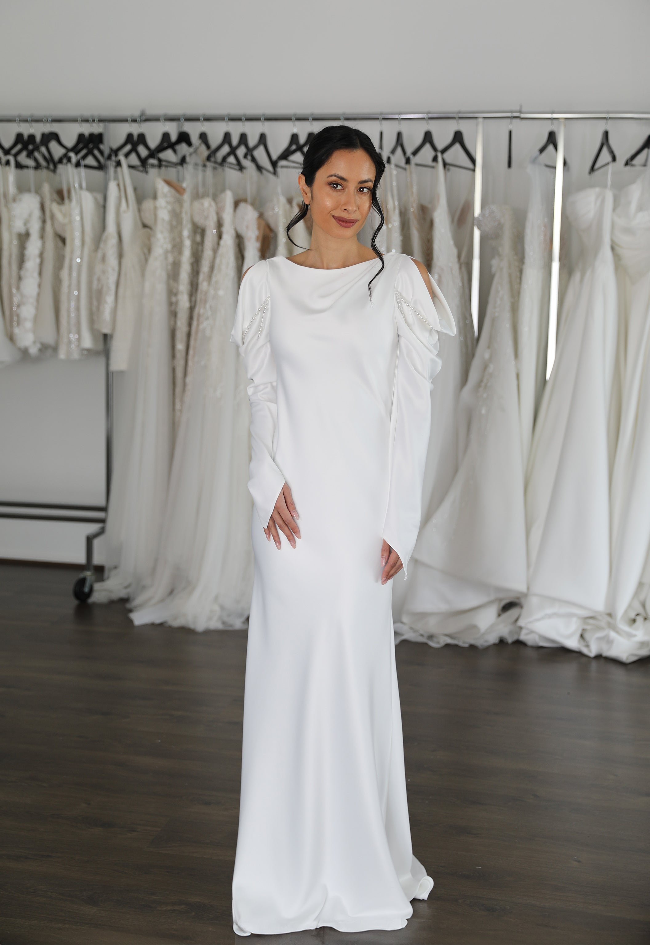 long sleeves on white full length wedding dress