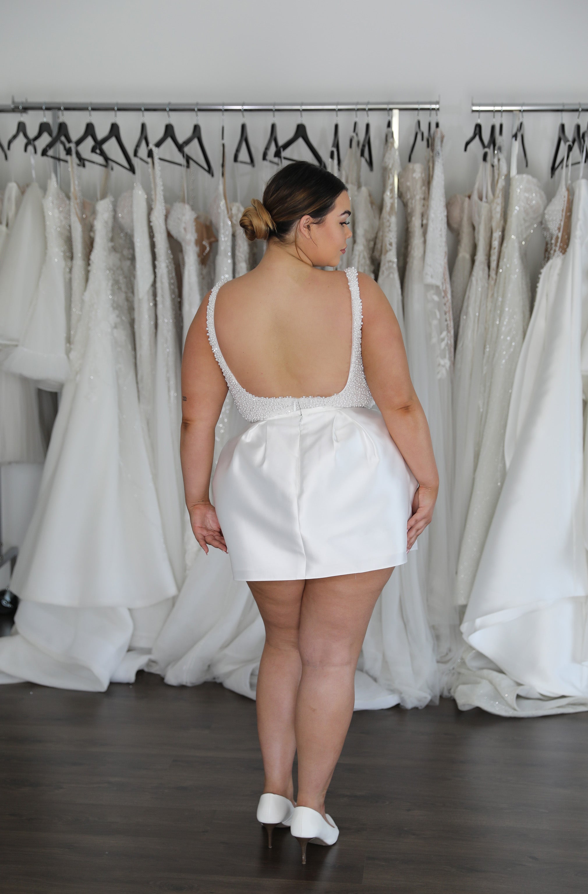 low back bridal mini dress with thin straps