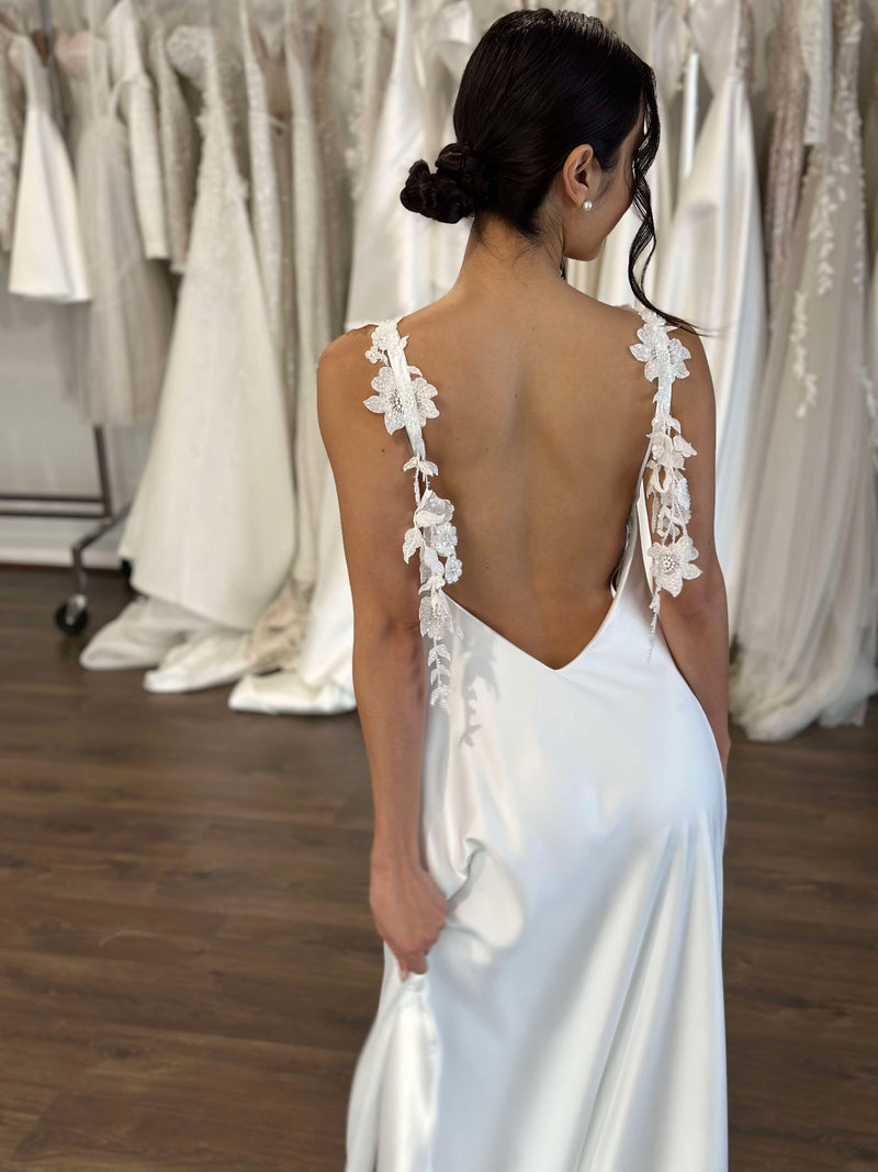 low back white slip with floral lace straps