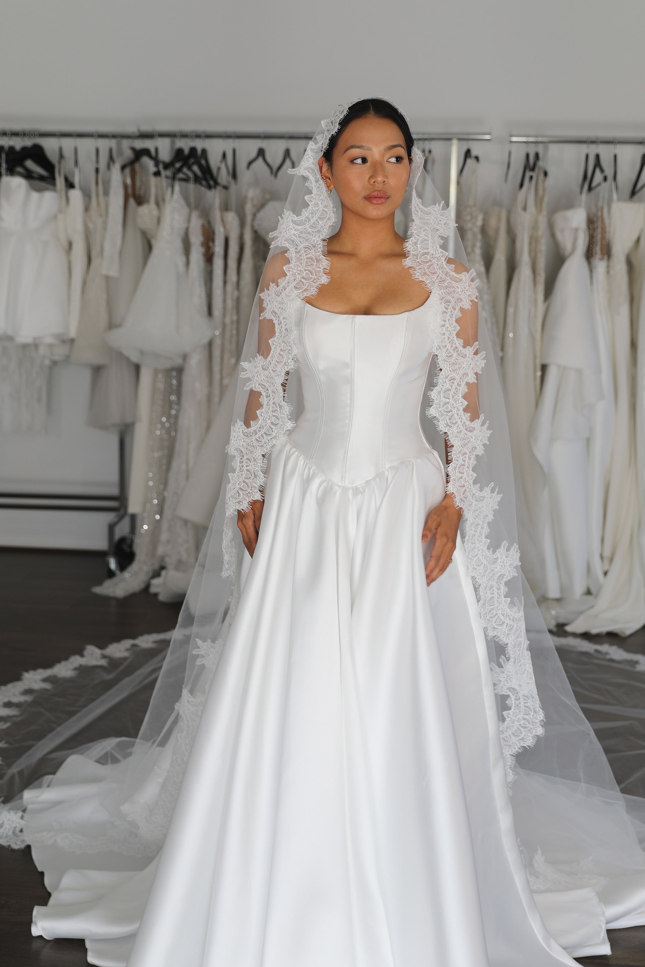 mantilla lace veil and white mikado drop waist wedding dress