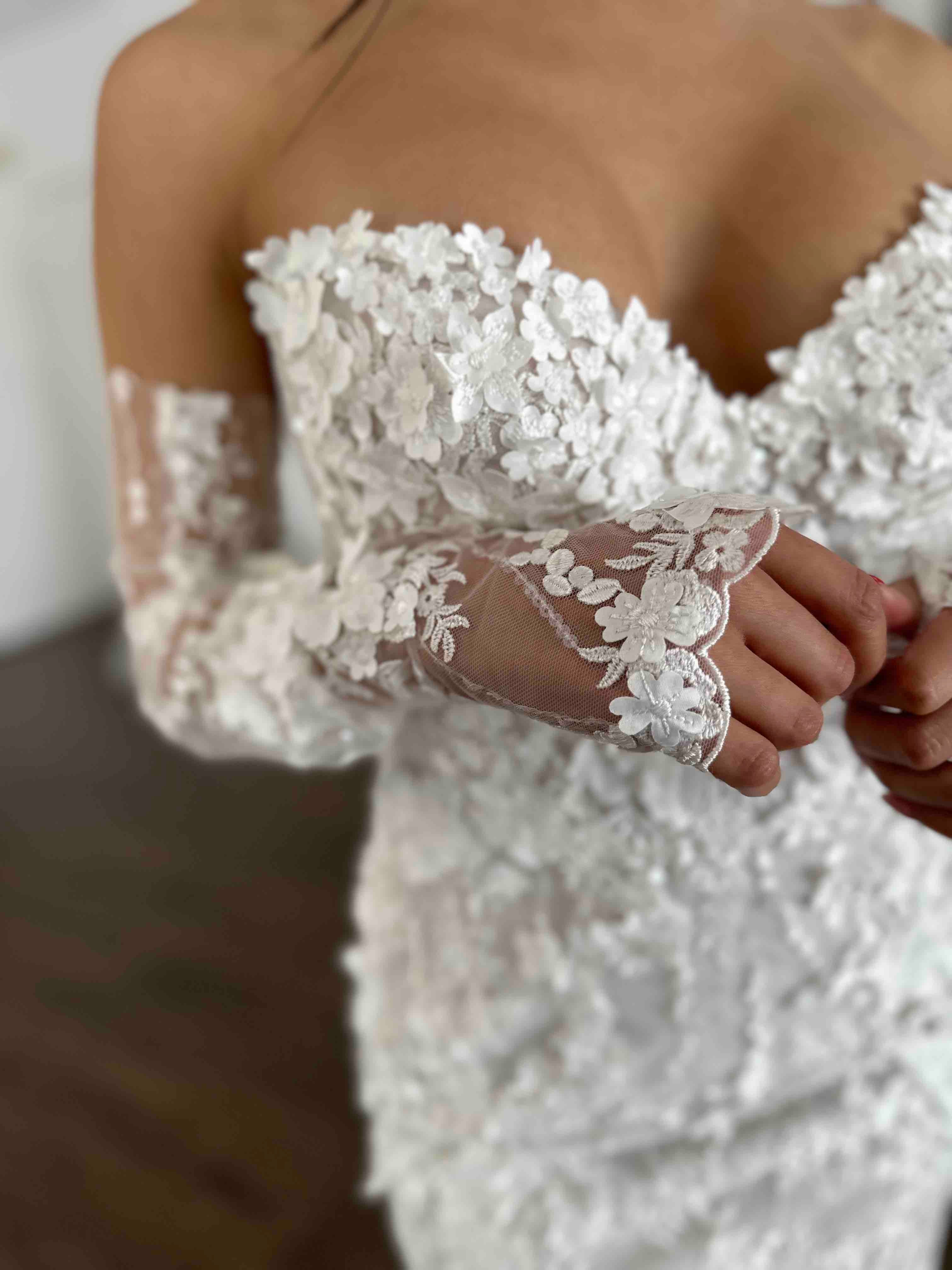 matching lace gloves and gown