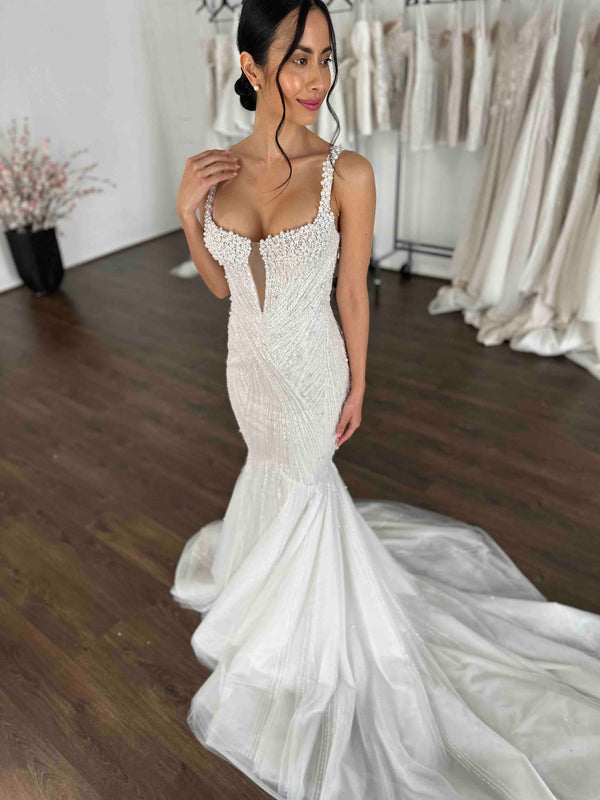 mermaid wedding gown with pearl beaded bodice
