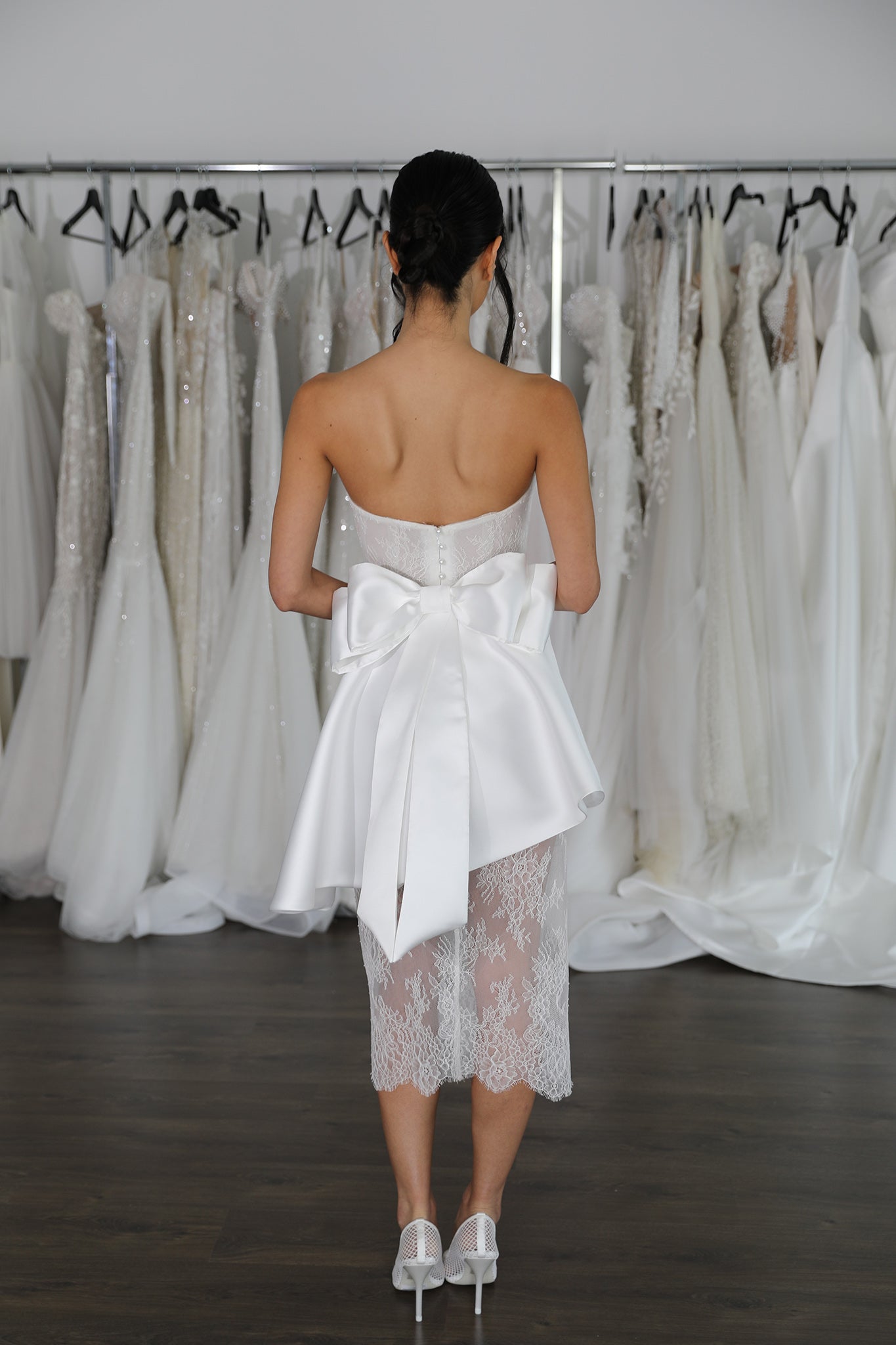 mikado and lace wedding dress with double bow back