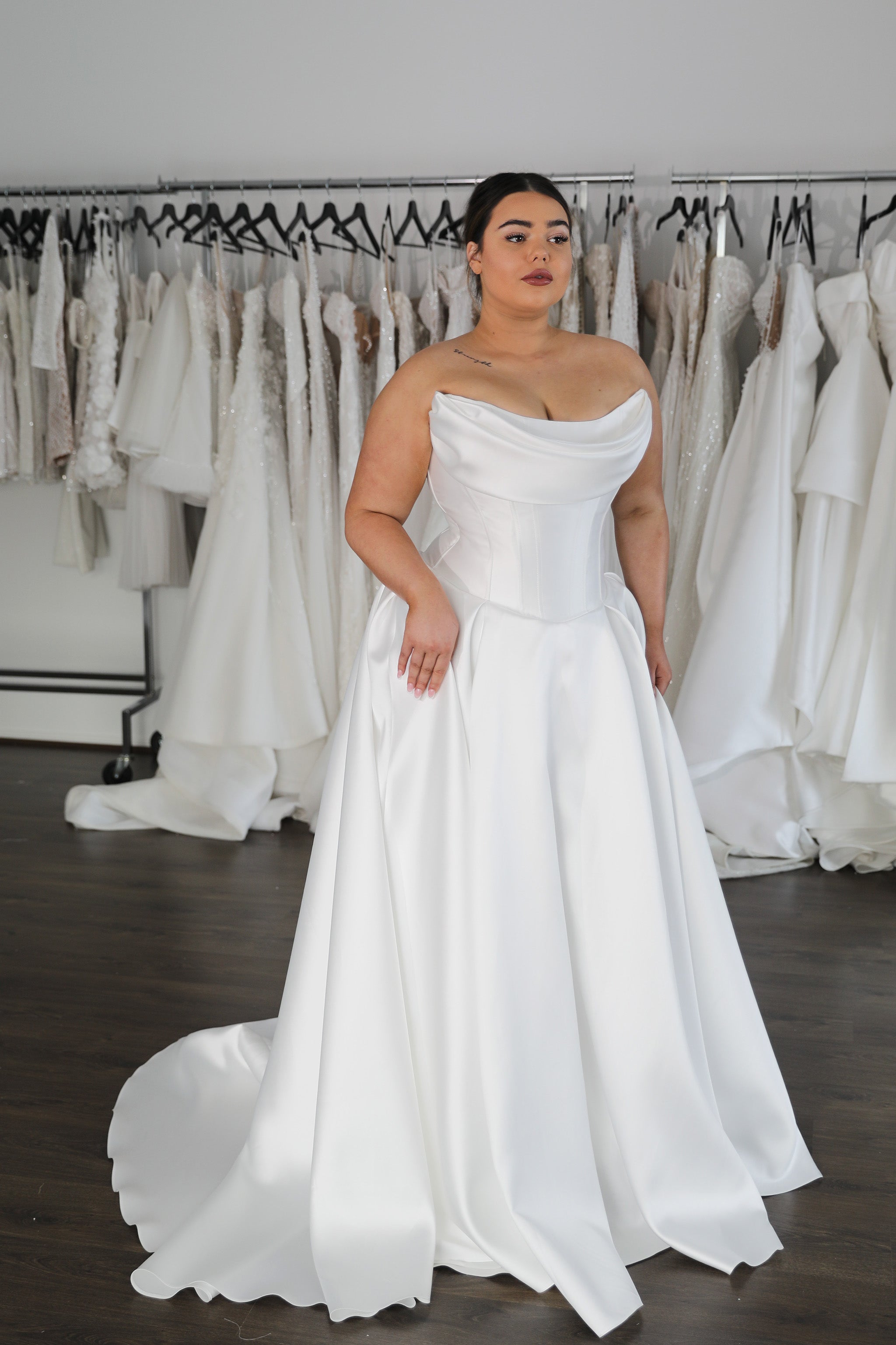 mikado wedding dress with draped neckline and drop waist skirt