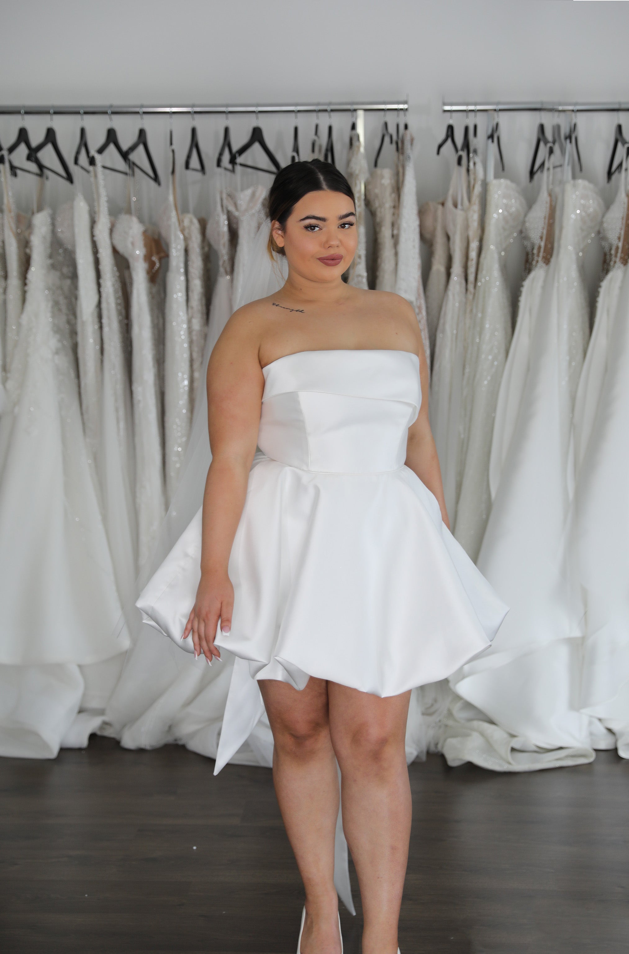 mini strapless wedding dress with bubble hem