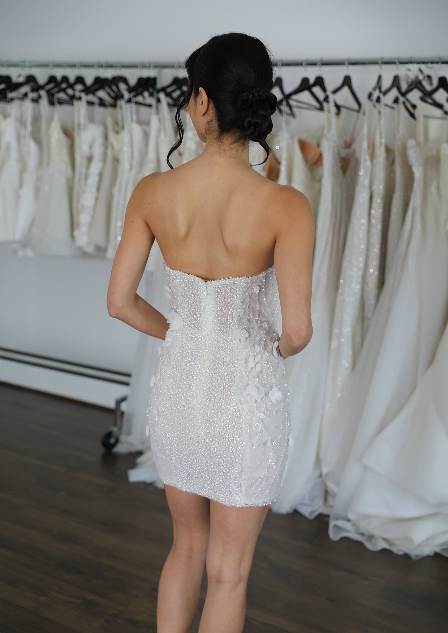 mini wedding dress with pearls and leaf lace