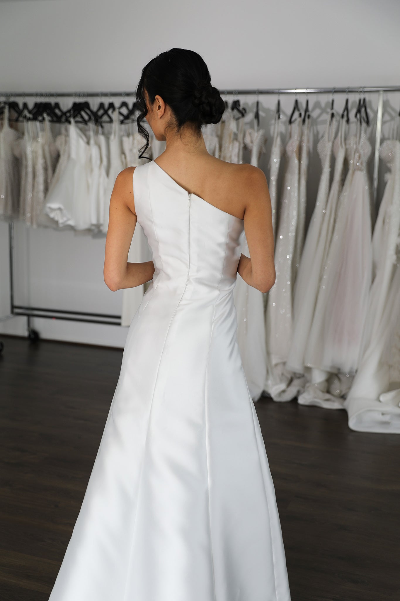 one shoulder back of mikado wedding gown