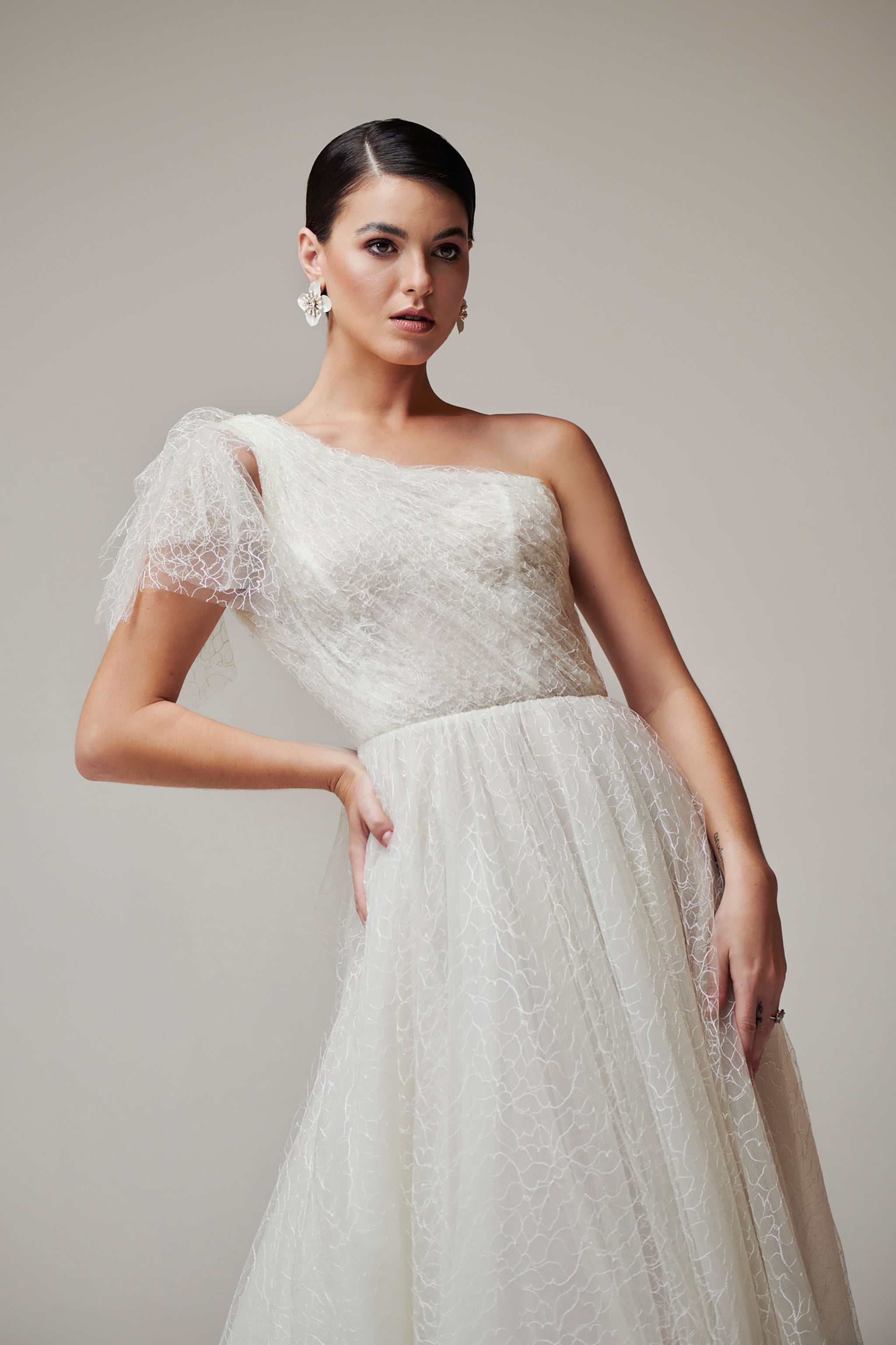 one shoulder delicate lace wedding dress