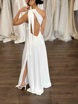 one shoulder gown with tie up strap