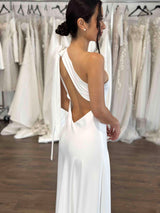 one shoulder ivory slip reception gown
