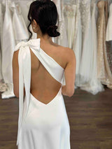 one shoulder white wedding reception dress with tie up strap