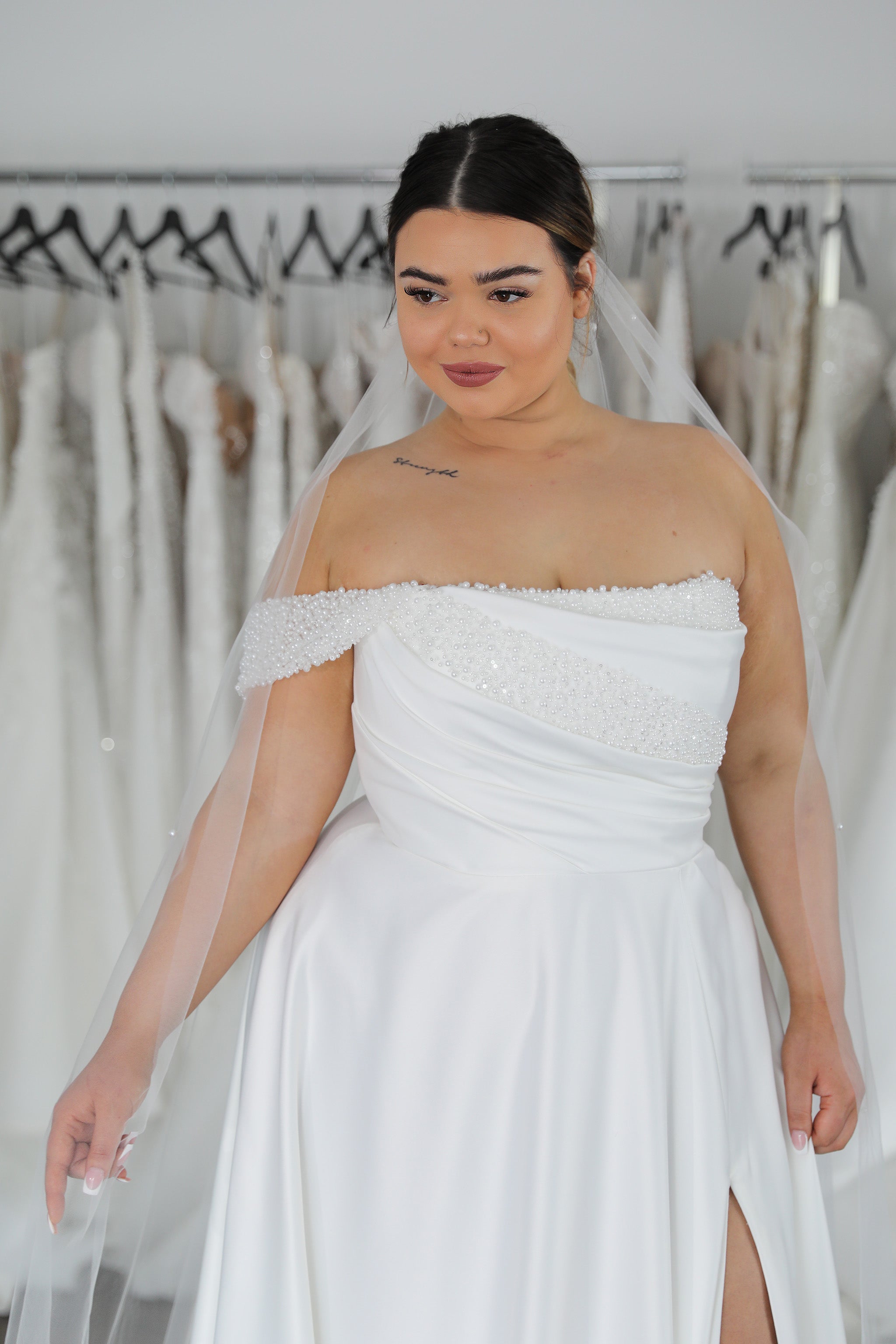 pearl bodice bridal dress with one shoulder