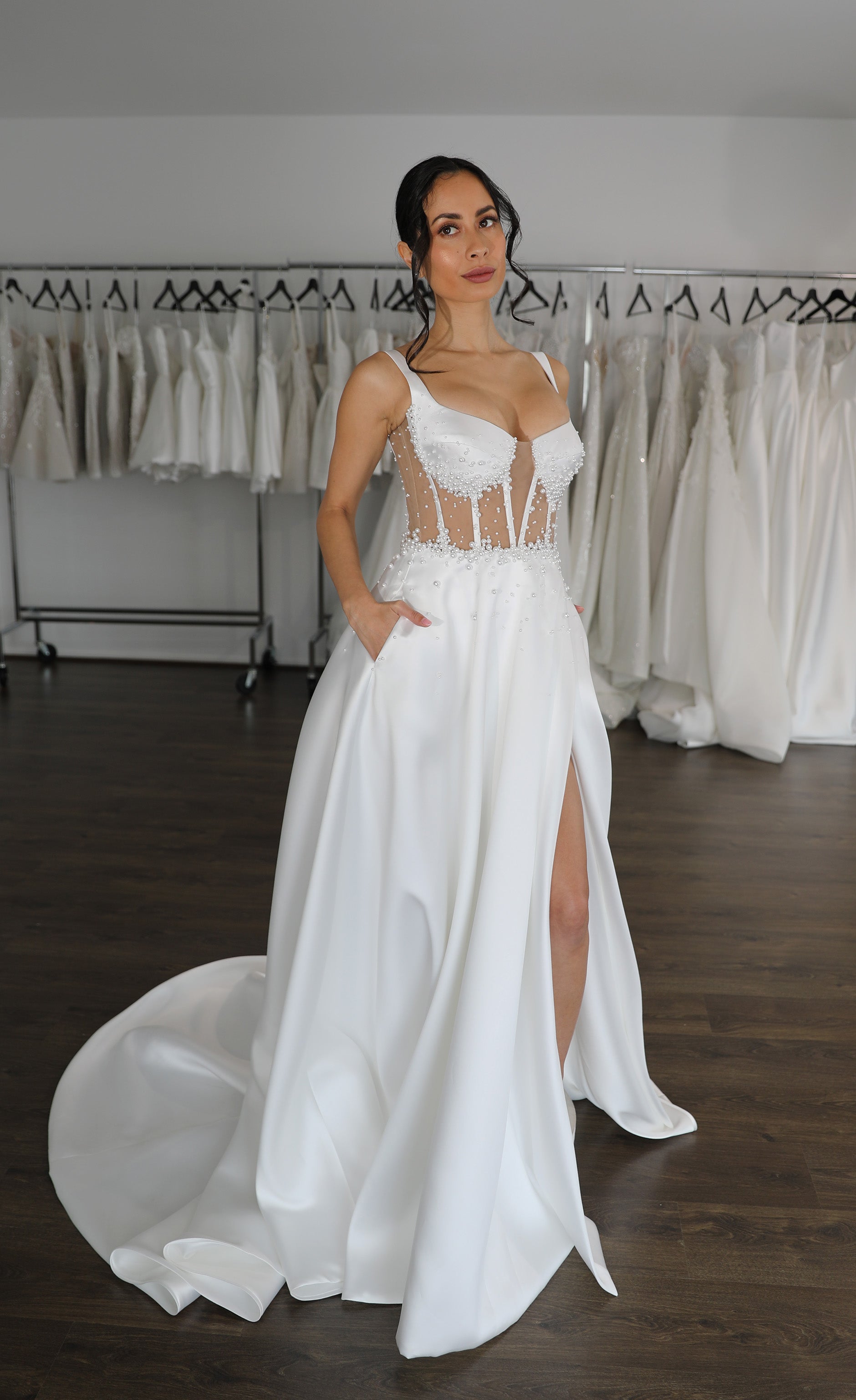 pearl bodice wedding gown with U-neck and split