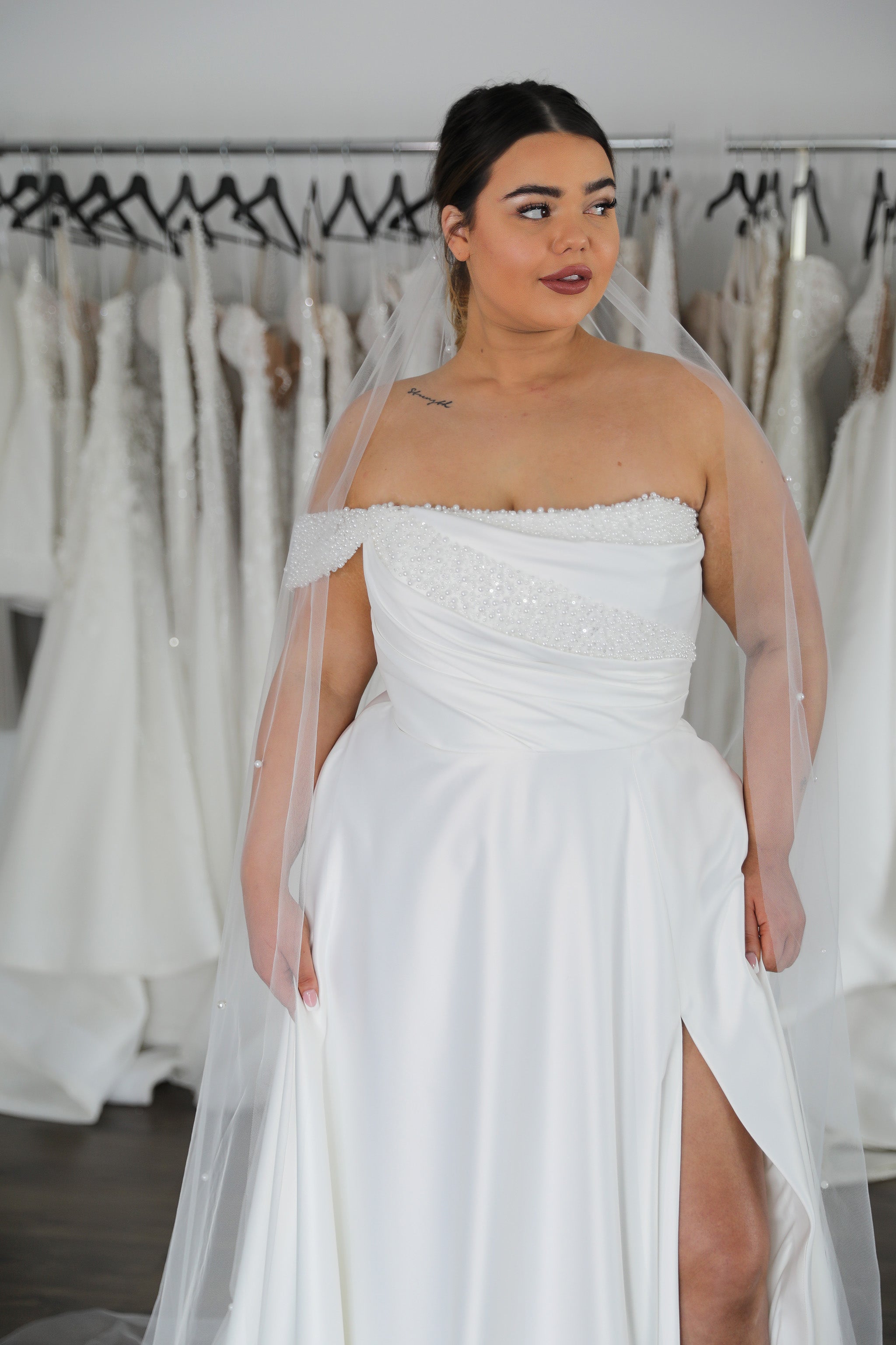 pearl bodice white mikado dress with one shoulder strap