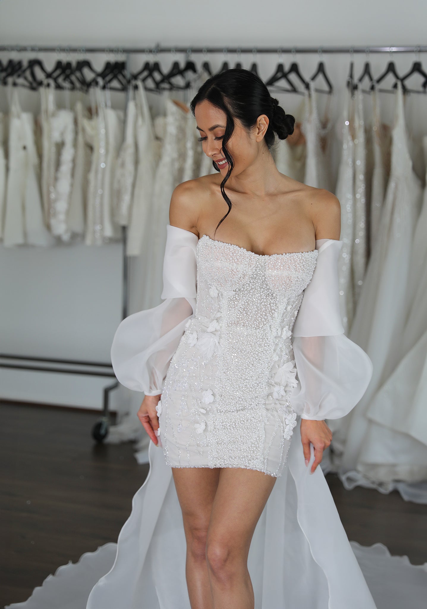 pearl bodice with flowers and cape overlay