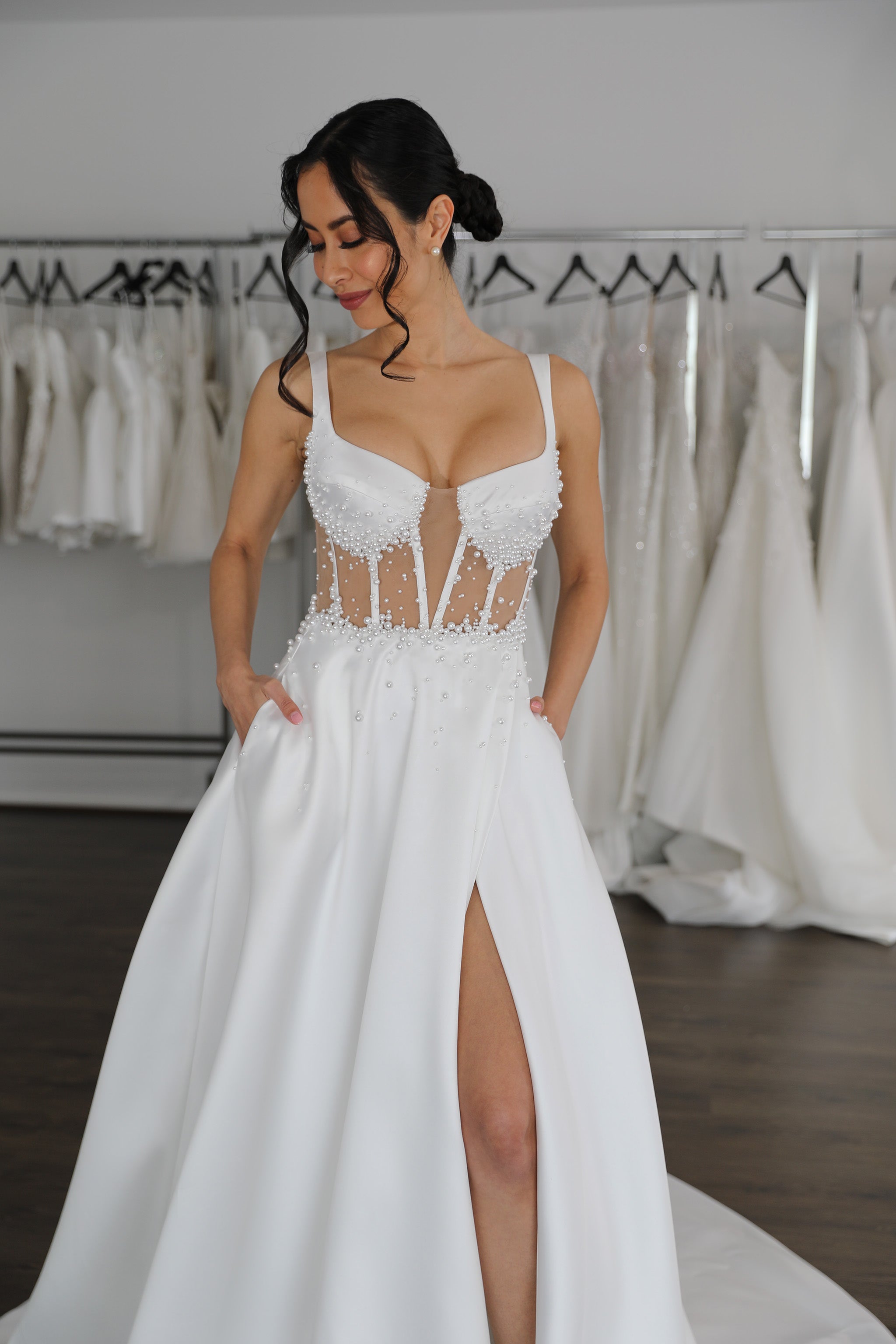 pearl embellished white wedding gown and thigh split