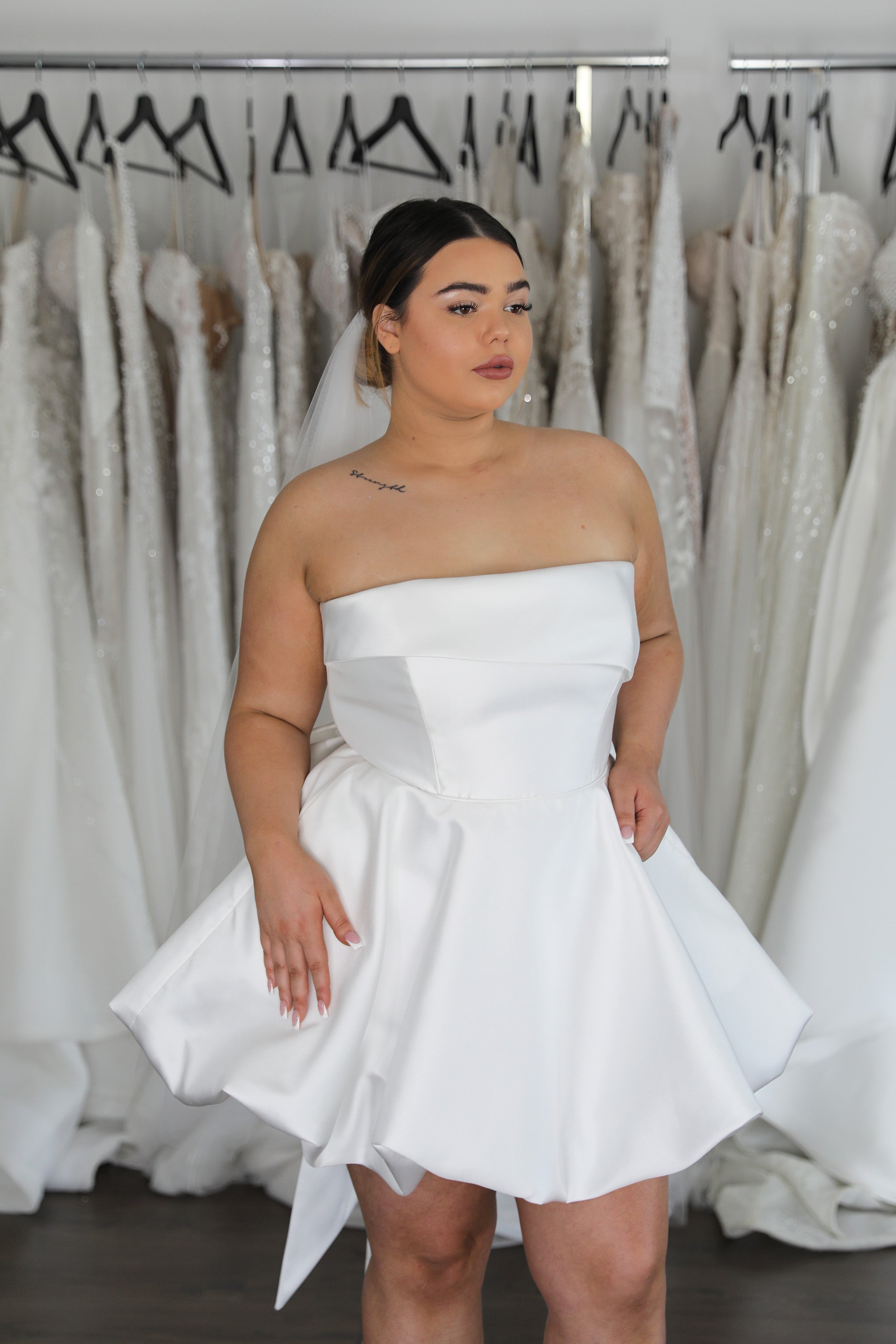 plus size mini wedding dress with bubble hem