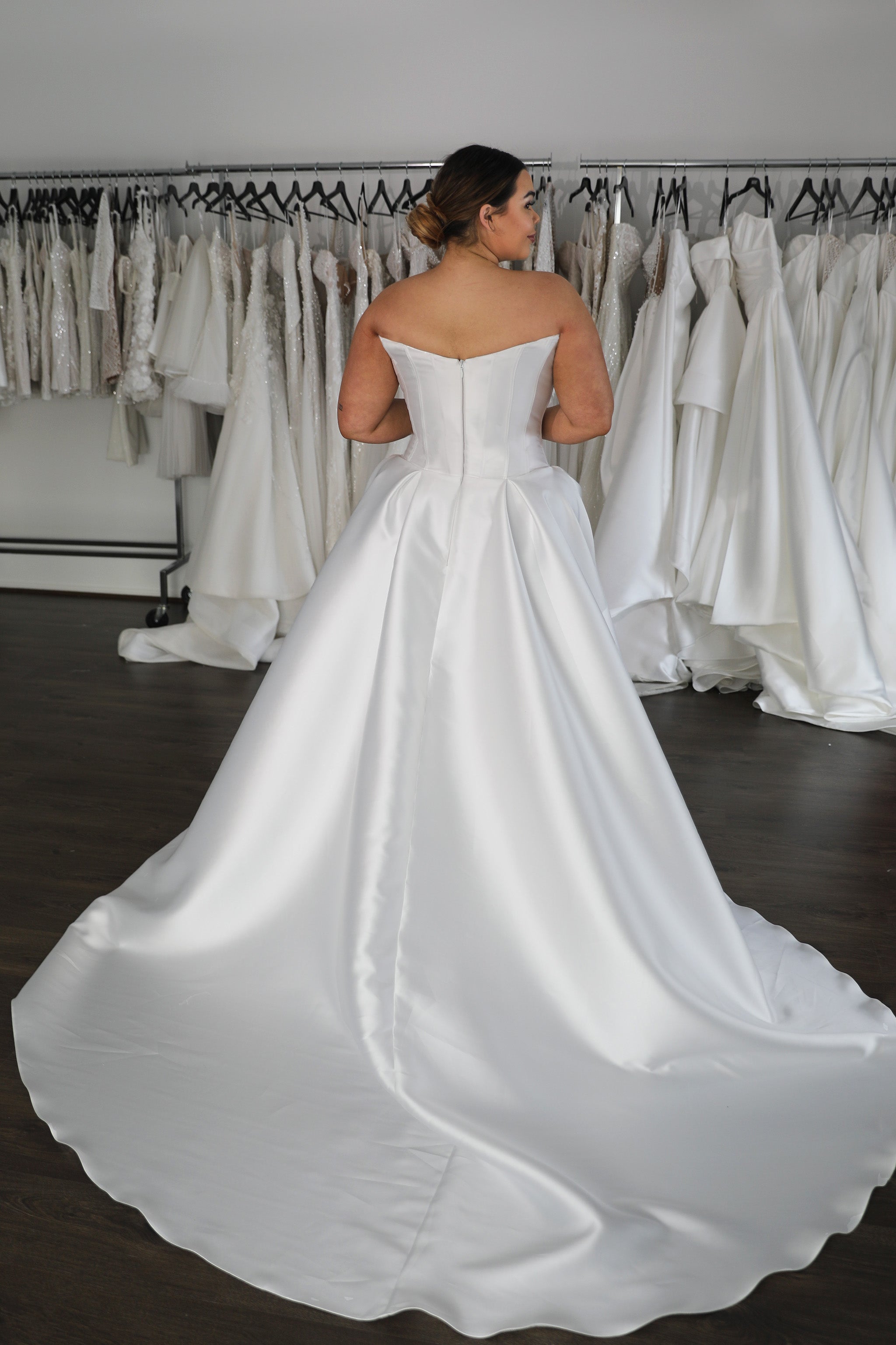 scoop back mikado wedding dress with extended train skirt