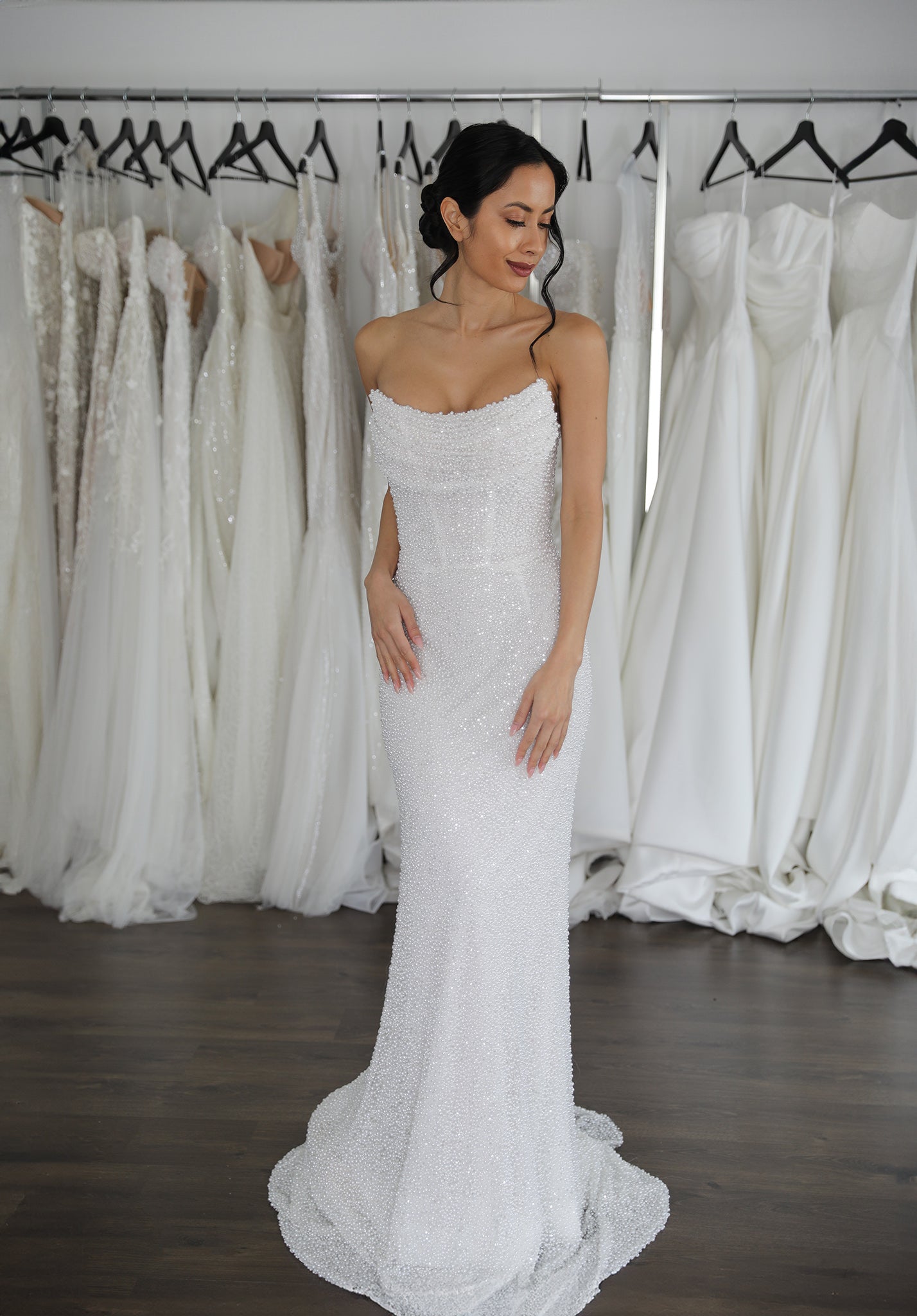 scoop neck beaded wedding dress with boned corset and full length skirt