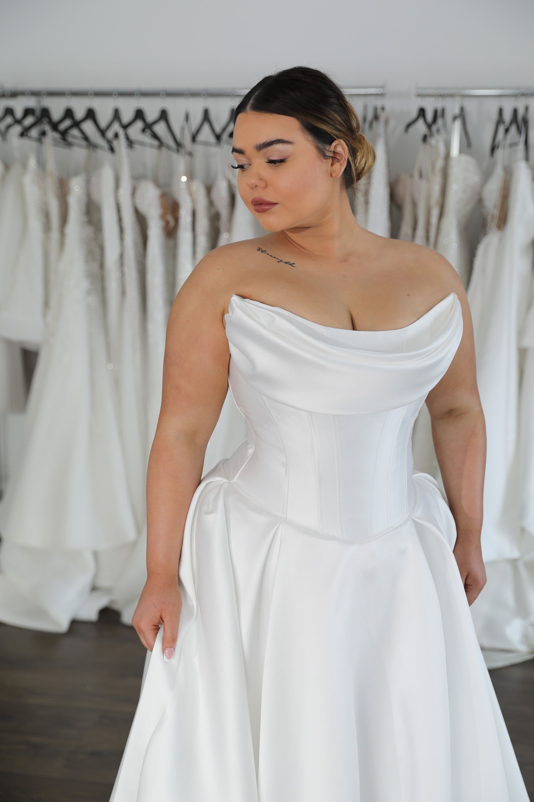 scoop neck mikado wedding dress with drop waist