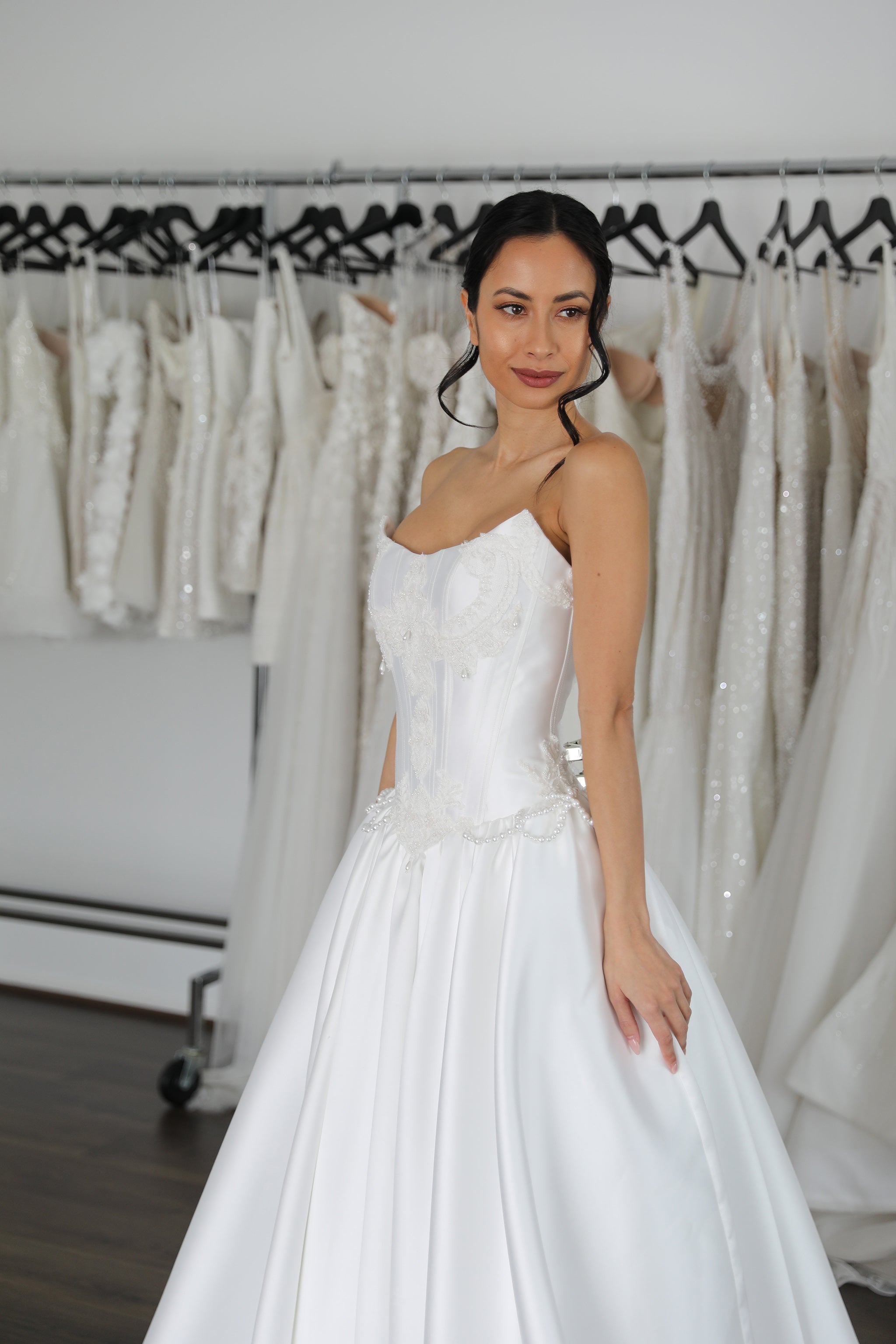 scoop neck wedding gown with drop waist and lace applique