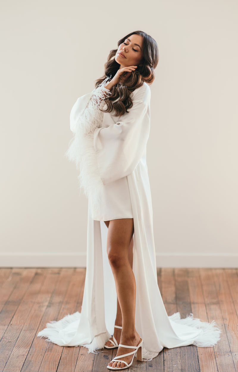 slip dress and robe on bride