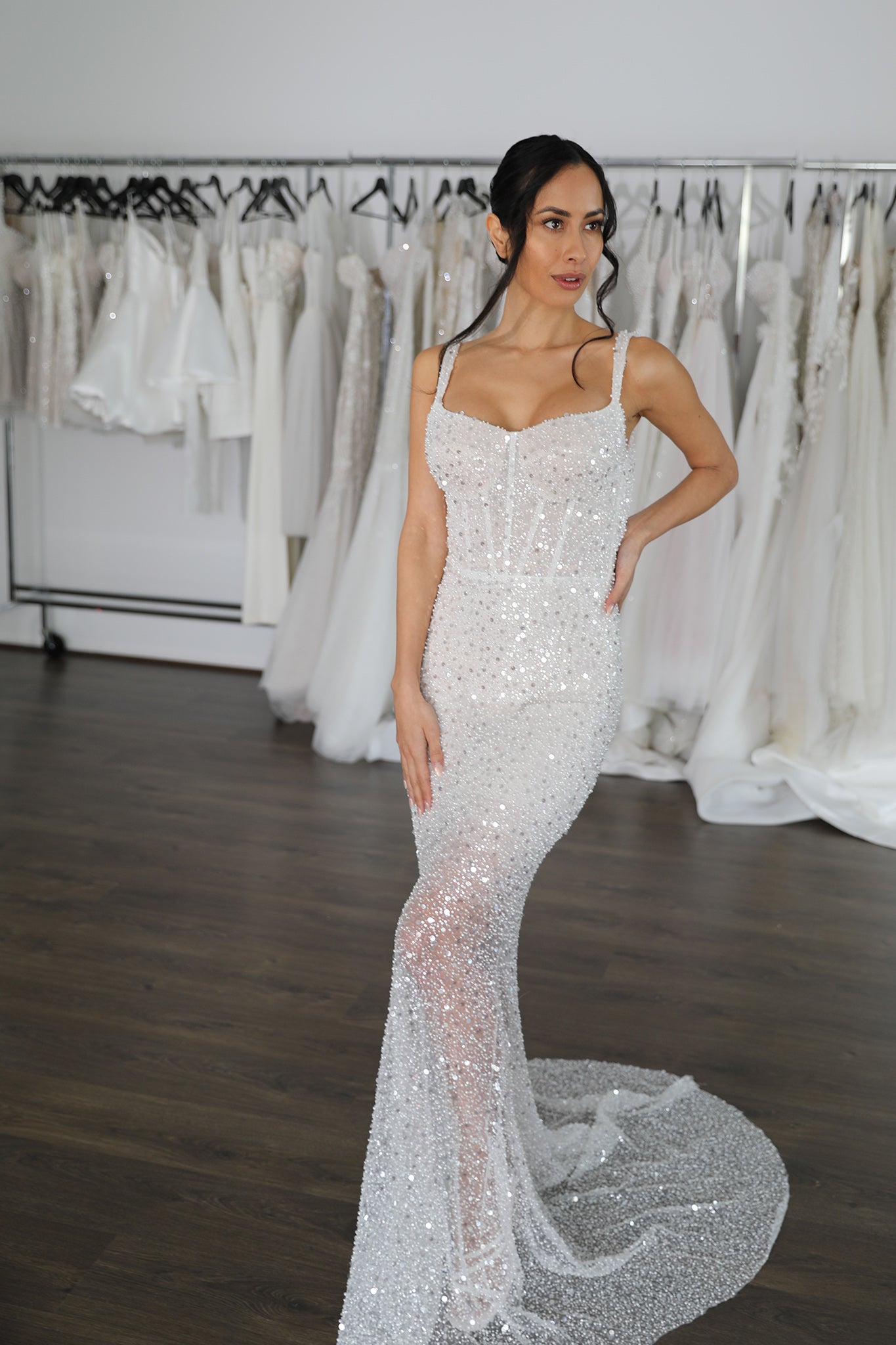 sparkling beaded sequin wedding dress with thin shoulder straps