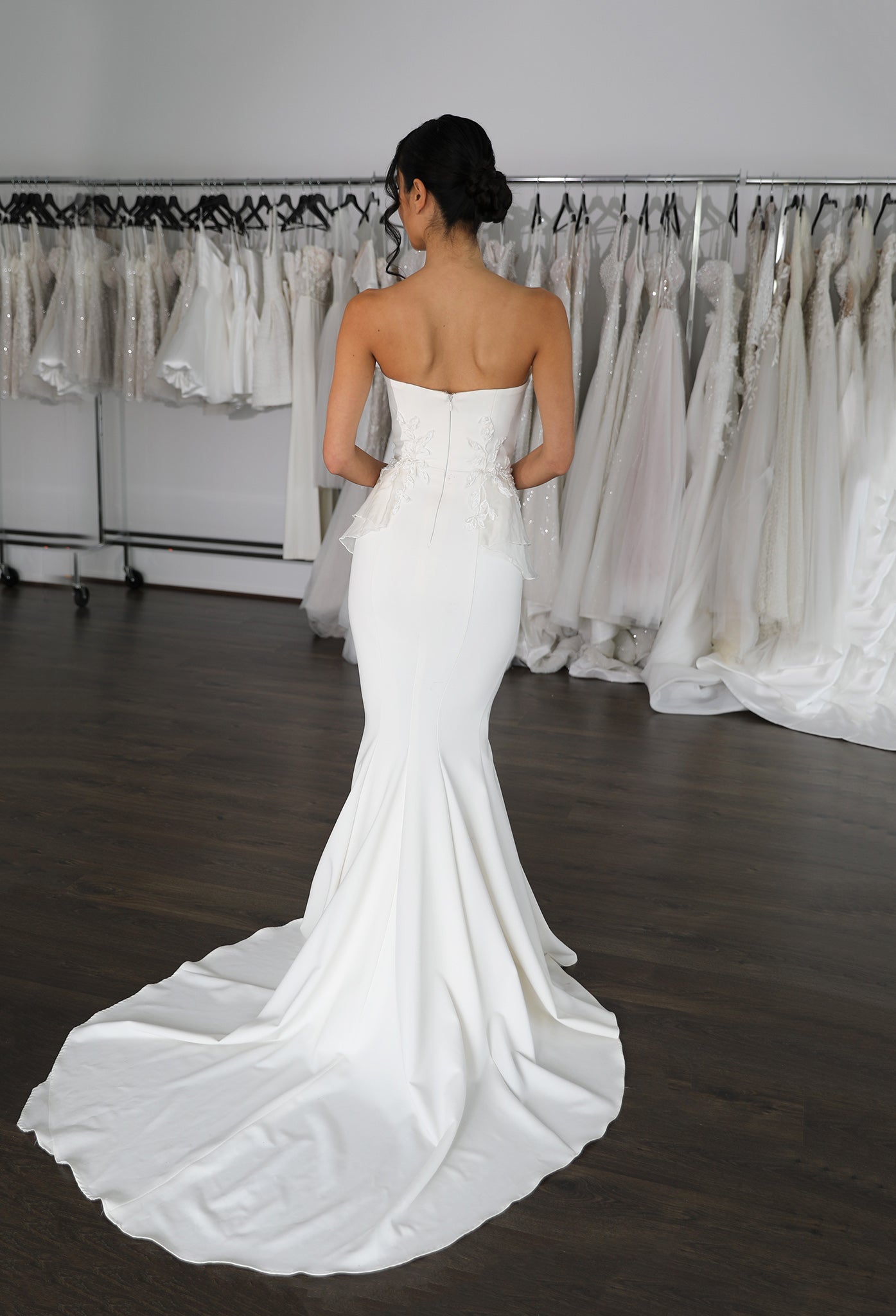 straight across back white wedding dress with side lace peplums and mermaid