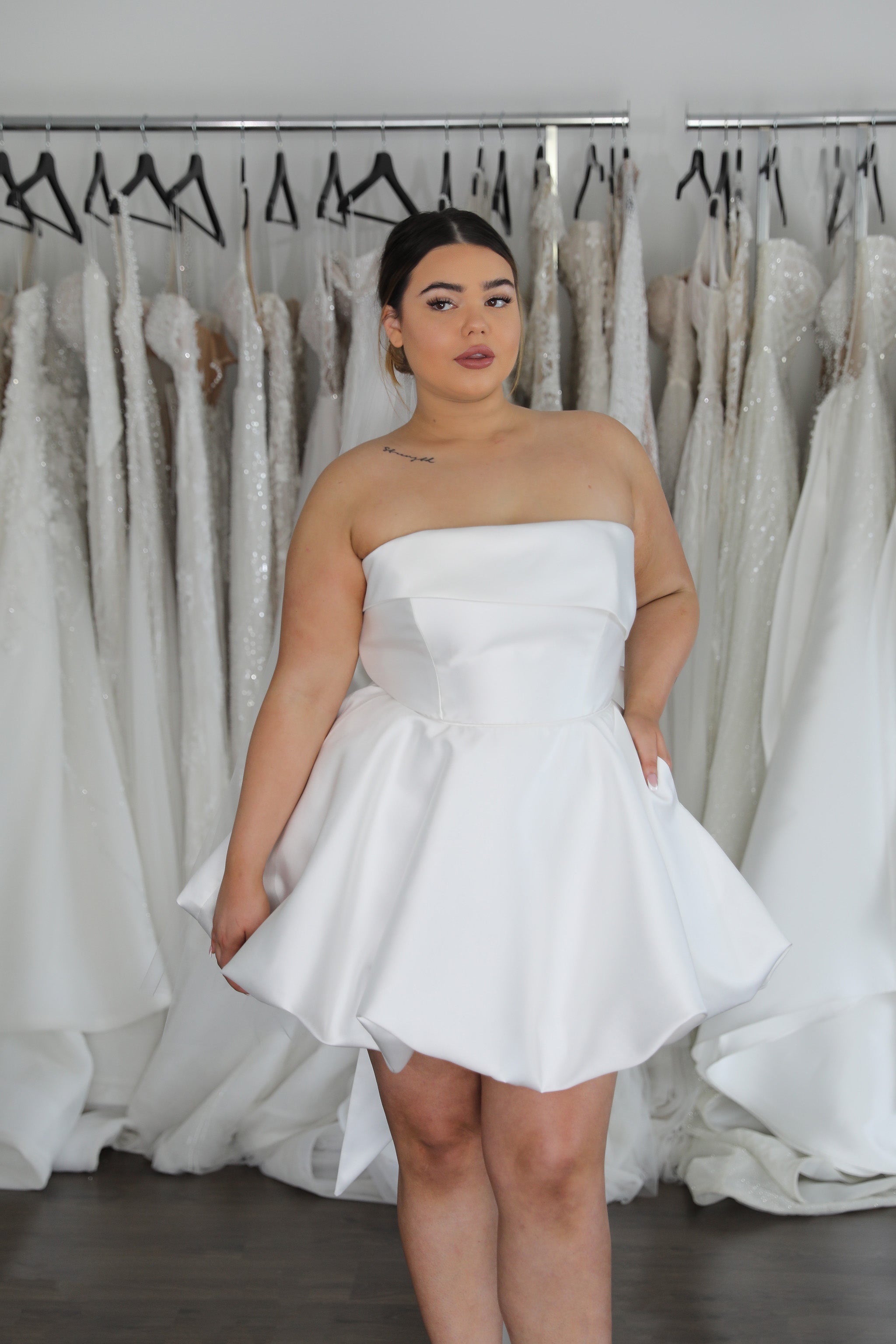 straight across neckline with bubble hem skirt bridal mini