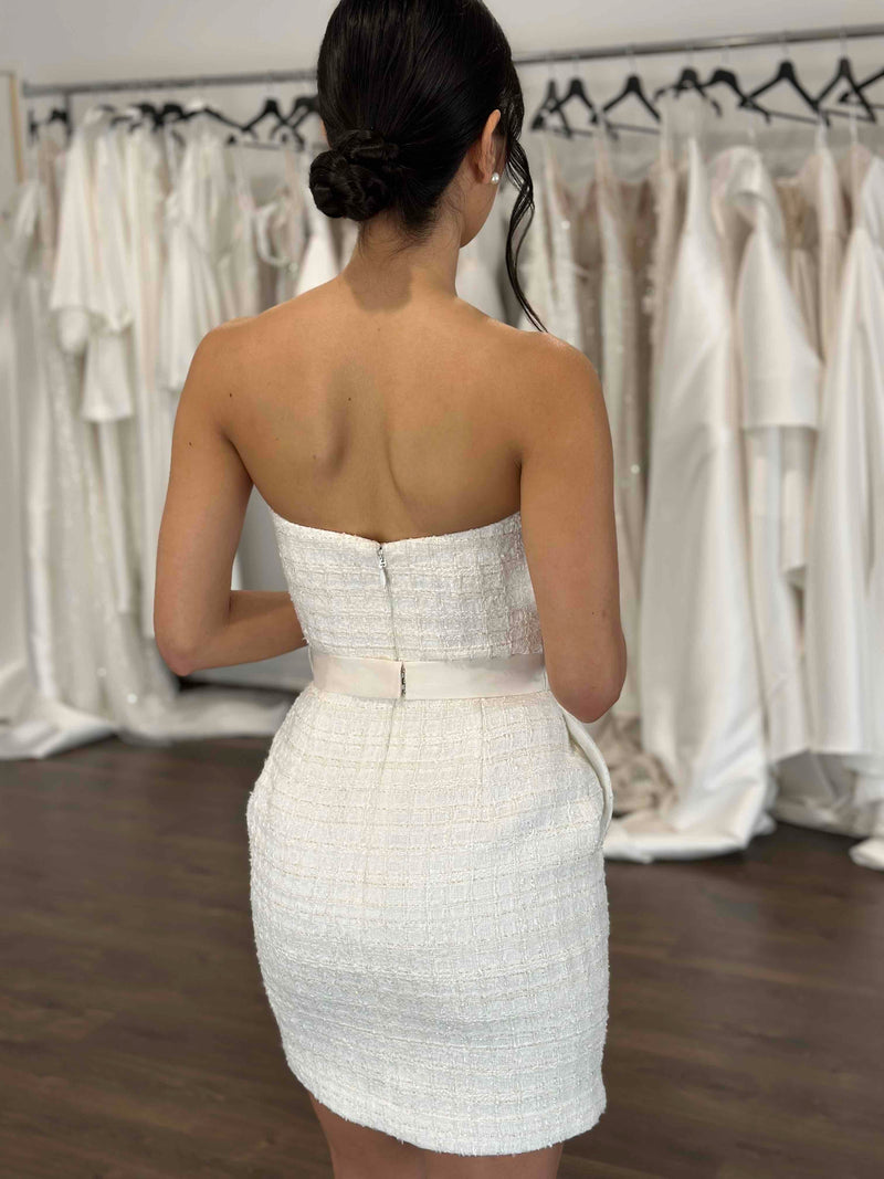 straight-back tweed bridal mini dress