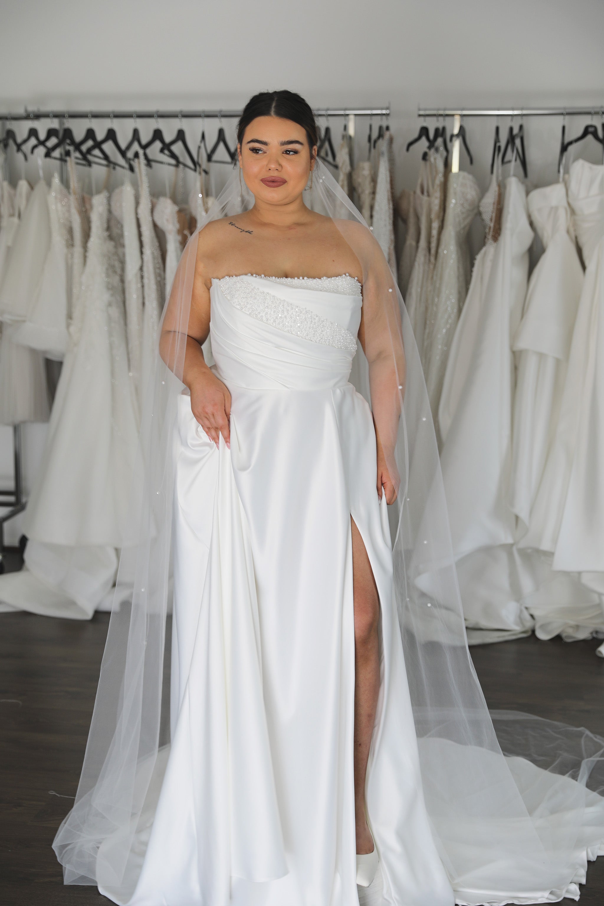 straight neck wedding dress with pearl bust details