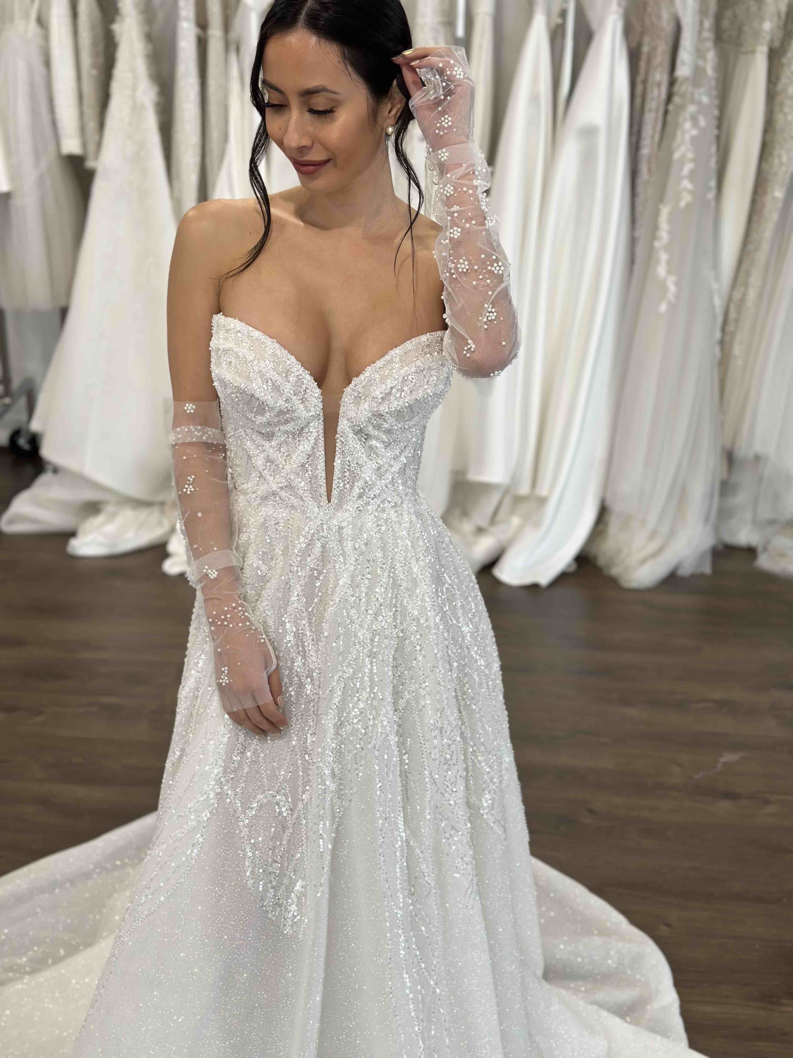 strapless beaded wedding gown and beaded tulle gloves