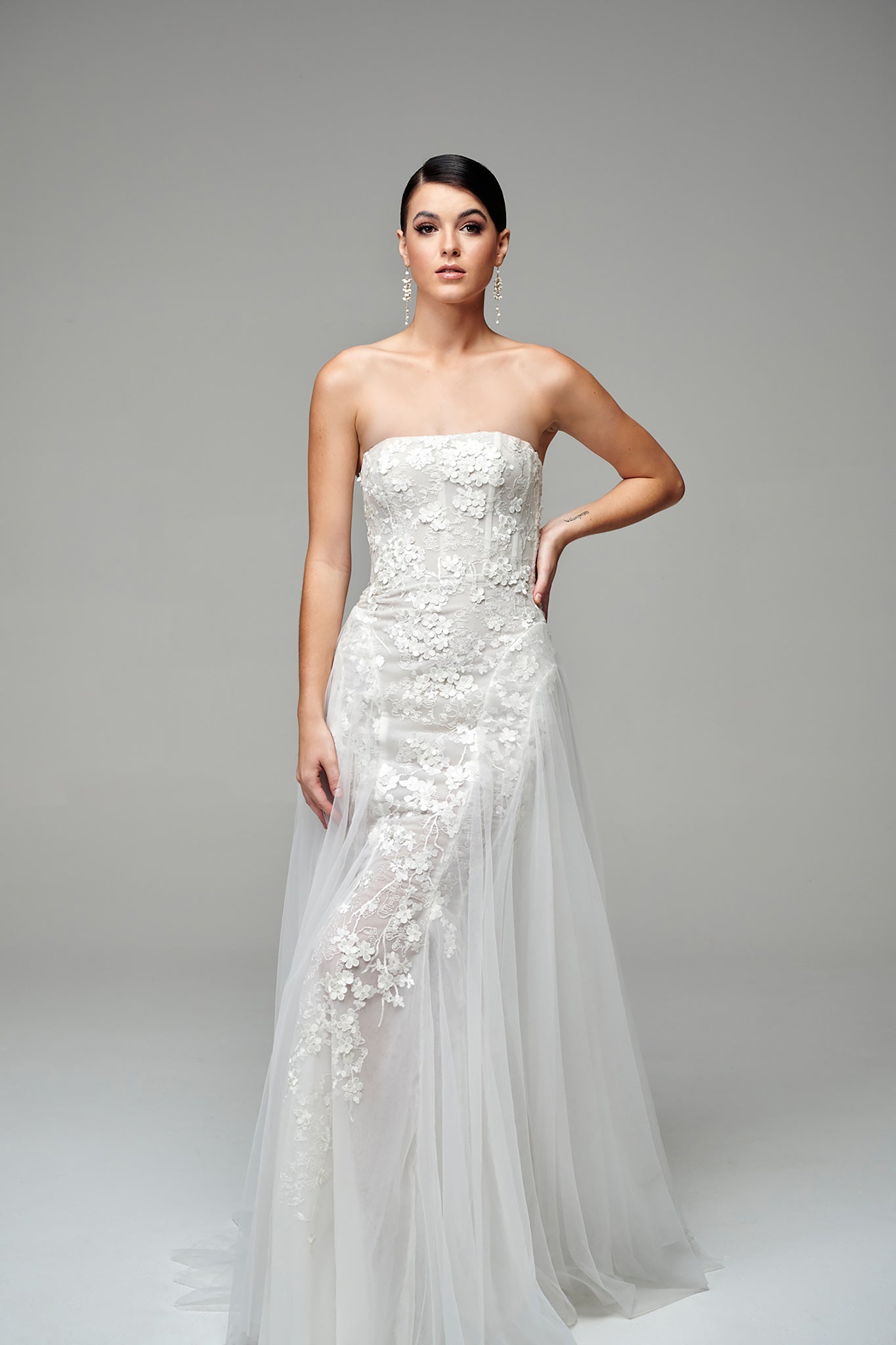 strapless floral embellished wedding dress with tulle skirt