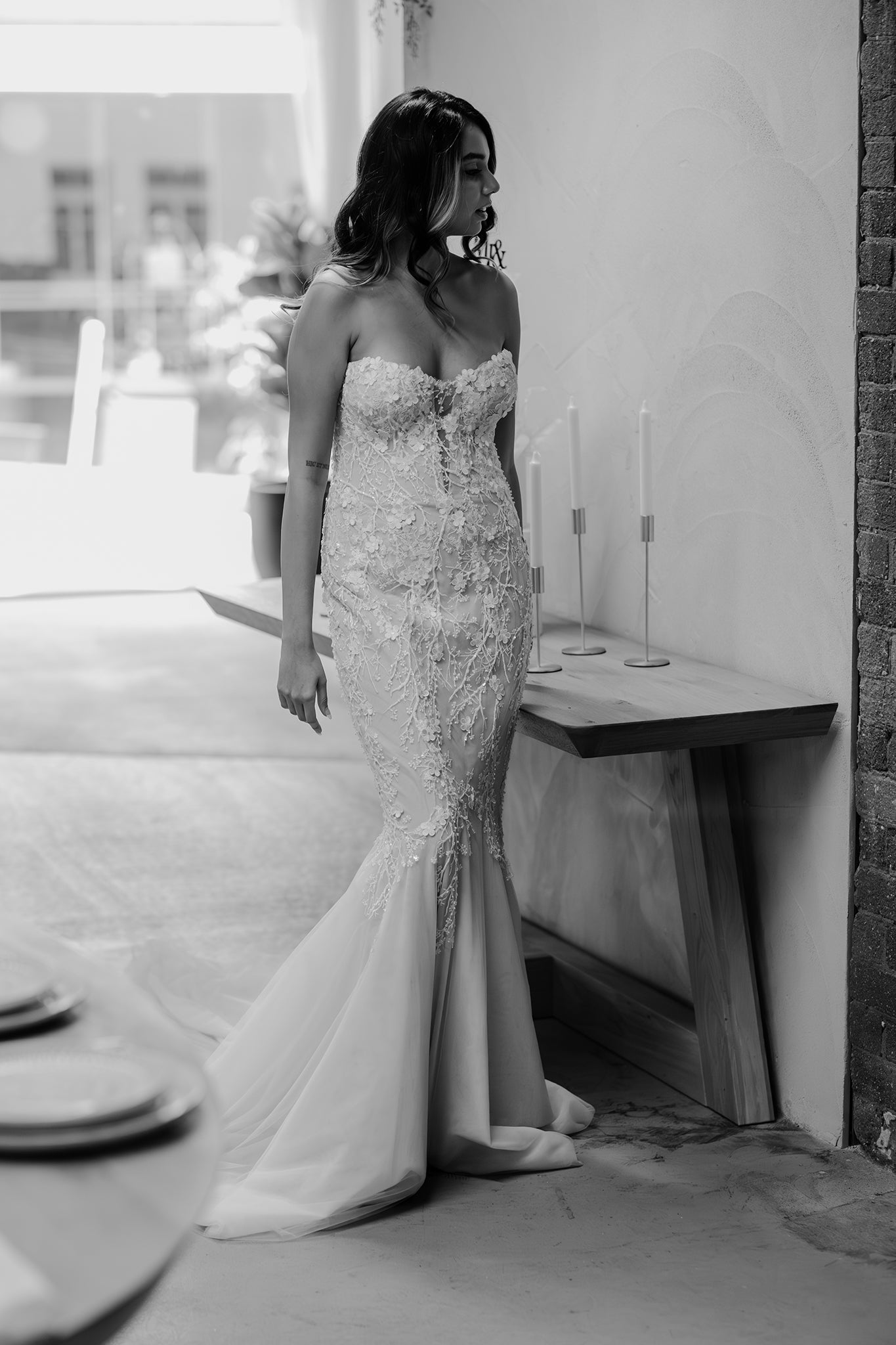 strapless floral wedding gown with fit and flare mermaid skirt