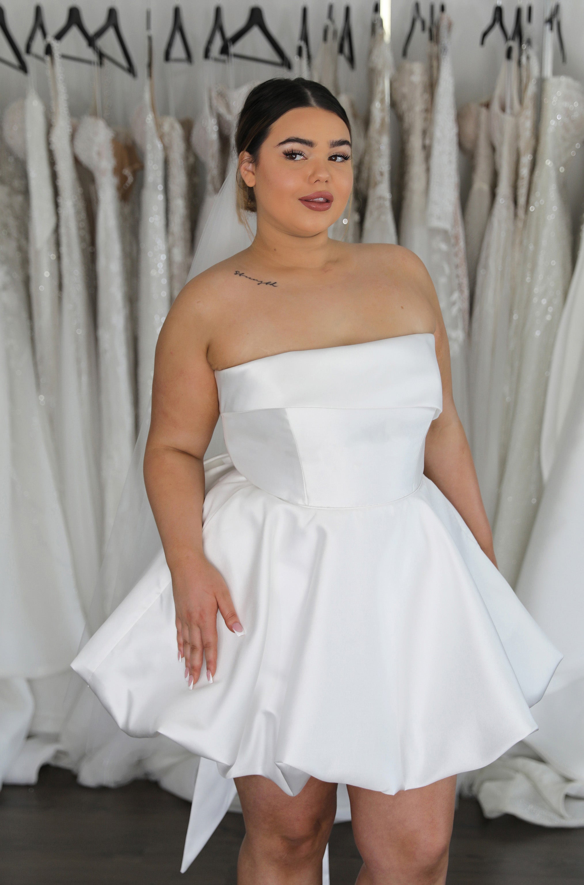 strapless mikado mini bridal dress with bubble hem skirt