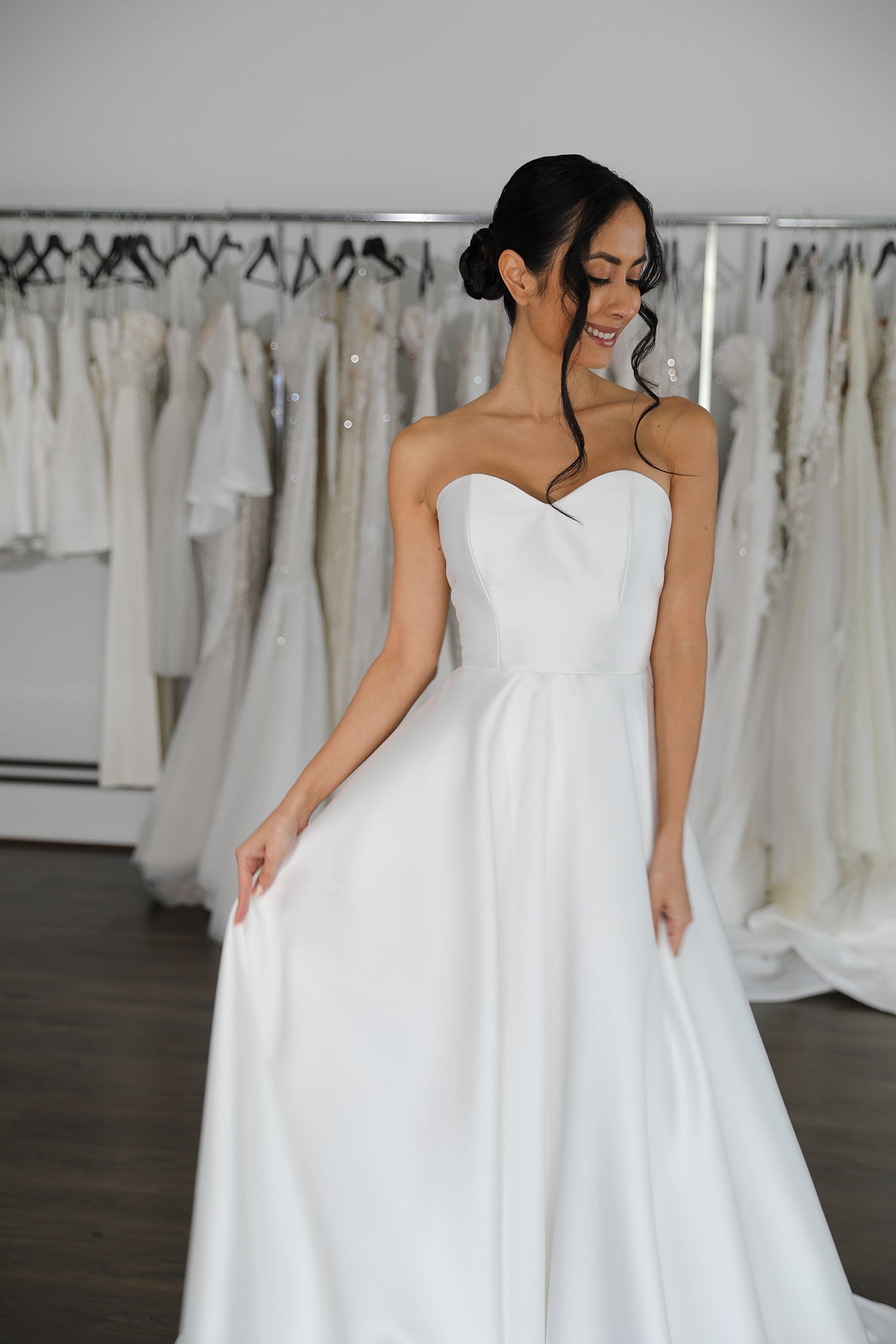 strapless sweetheart neckline on white mikado wedding dress