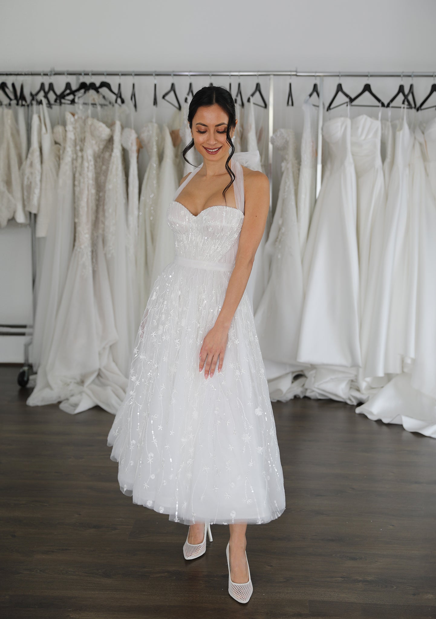 tea length wedding dress with tulle shoulder straps