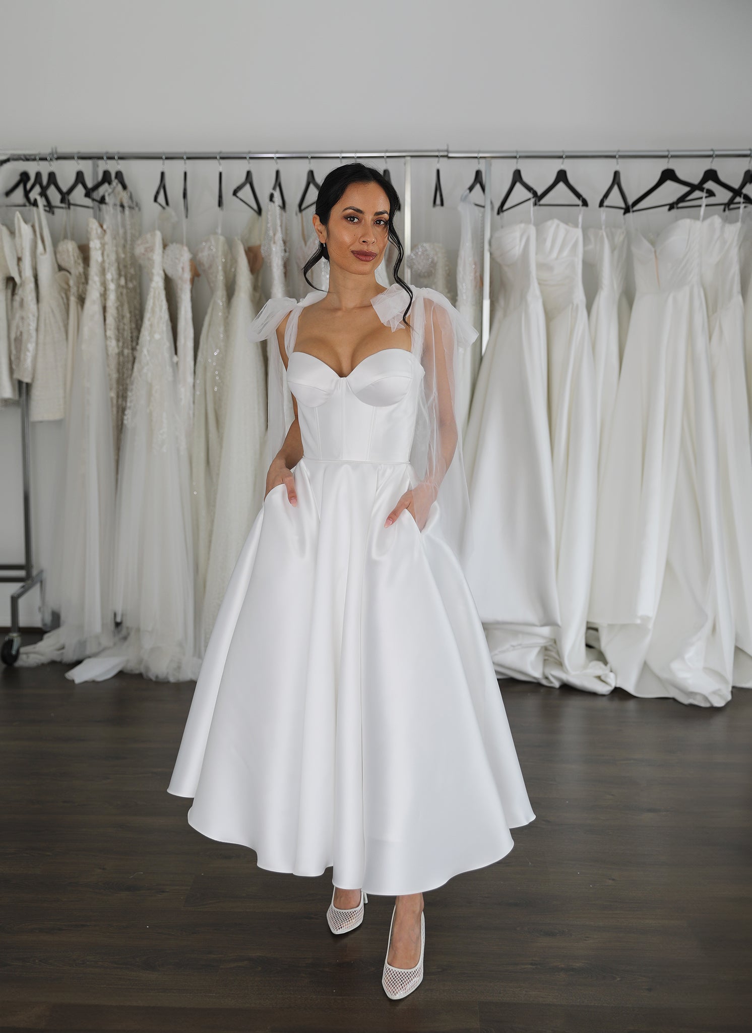 Elsa Mikado Tea Length Wedding Dress Plain Wedding Dresses Brisbane