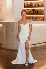 thigh high split and off the shoulder straps on white bridal gown