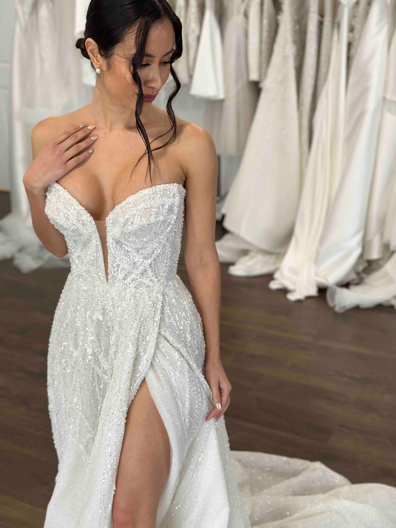 thigh high split and strapless designed wedding gown