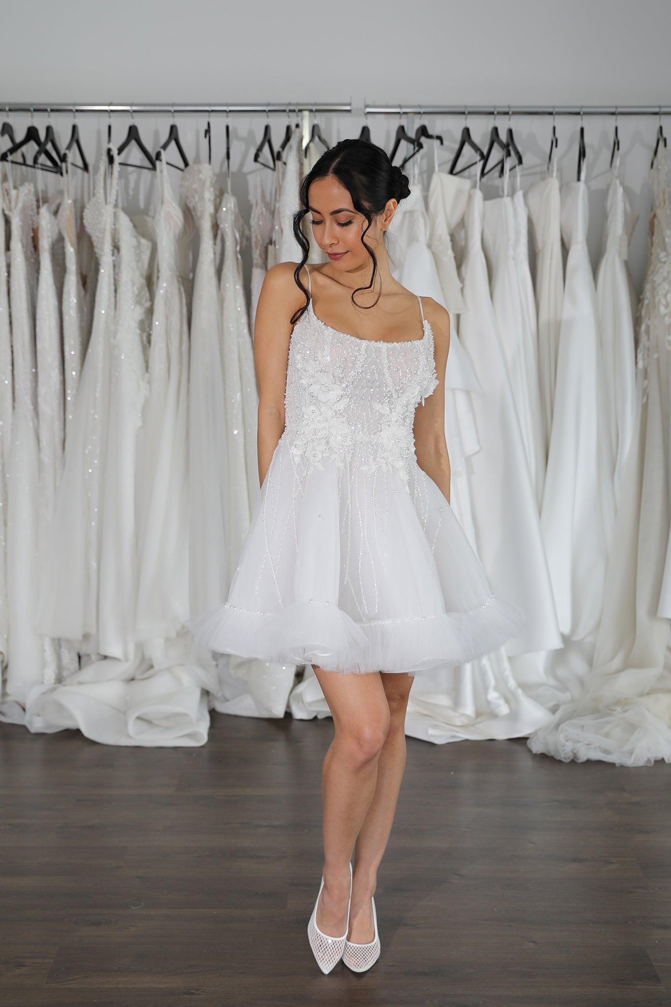 thin straps and frilly tulle hemmed bridal mini